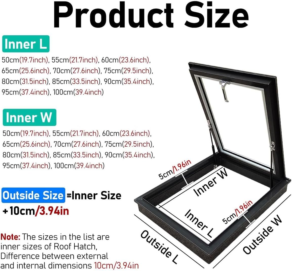 Roof Access Hatch,Large Skylights & Roof Windows,Aluminum Roof Hatch Deck with Glass, Rainproof Flat Roof Lighting Well Window for Hallway Loft Stairway Garage(60 * 60cm)