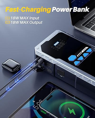 Miniatura 8 de AUTOONE Arrancador de salto de 8000 A con compresor de aire (todo a gas/12L diesel), 150PSI arrancador de coche portátil, inflador de neumáticos