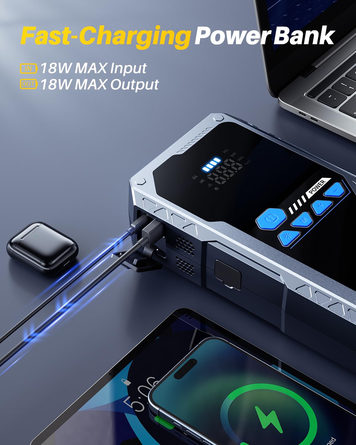 AUTOONE jump starter charging multiple electronic devices (smartphone, earbuds, laptop) simultaneously, highlighting its 18W MAX input/output.