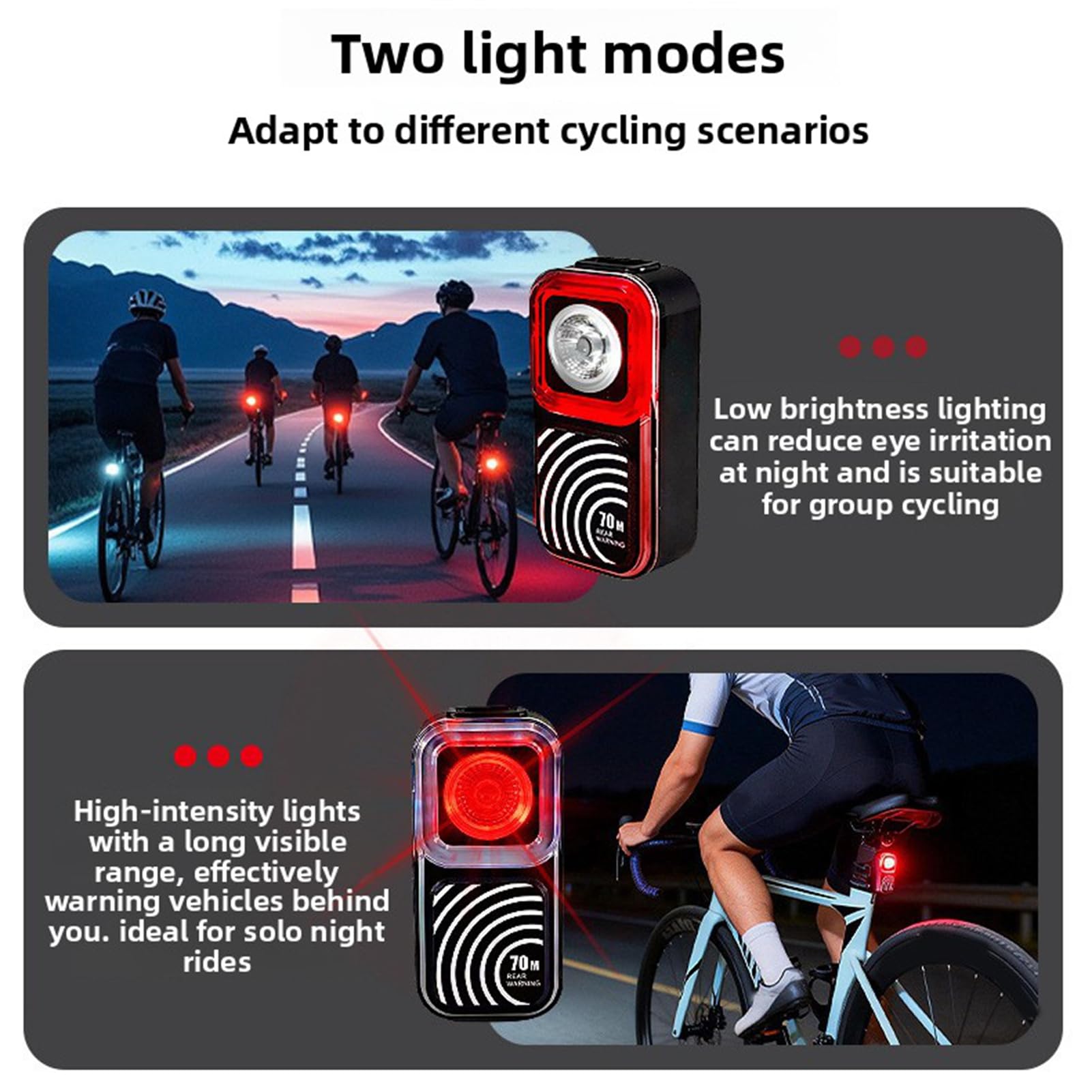 VGEBY Fanale Posteriore per Bici con 70 Metri | Costruzione in ABS, Avviso Intelligente a Tre Livelli, Misura Universale per Mountain Bike e Bici da Strada, Batteria Al