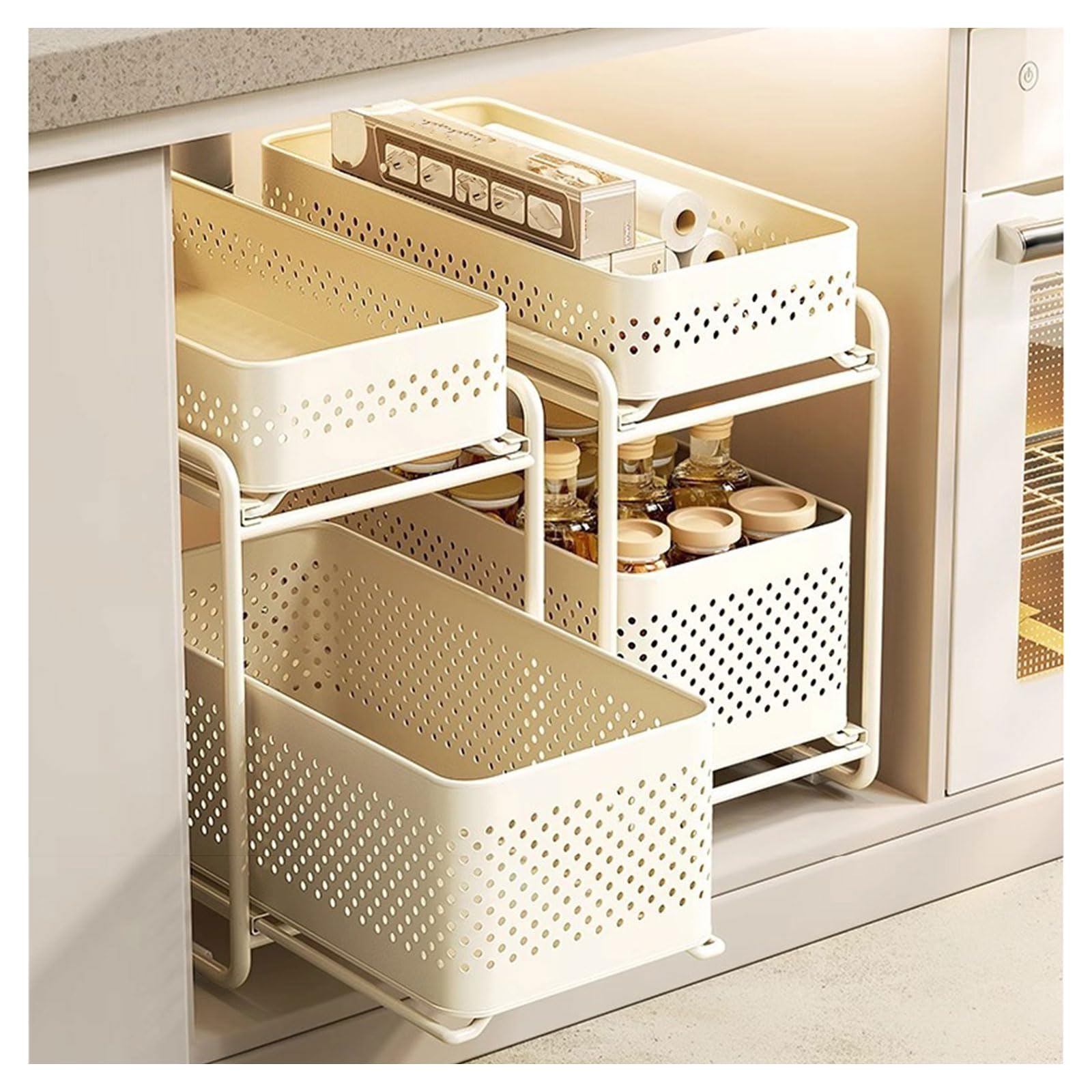 Organizador de armarios de cocina y baño metálico: almacenamiento de 2 niveles extraíble