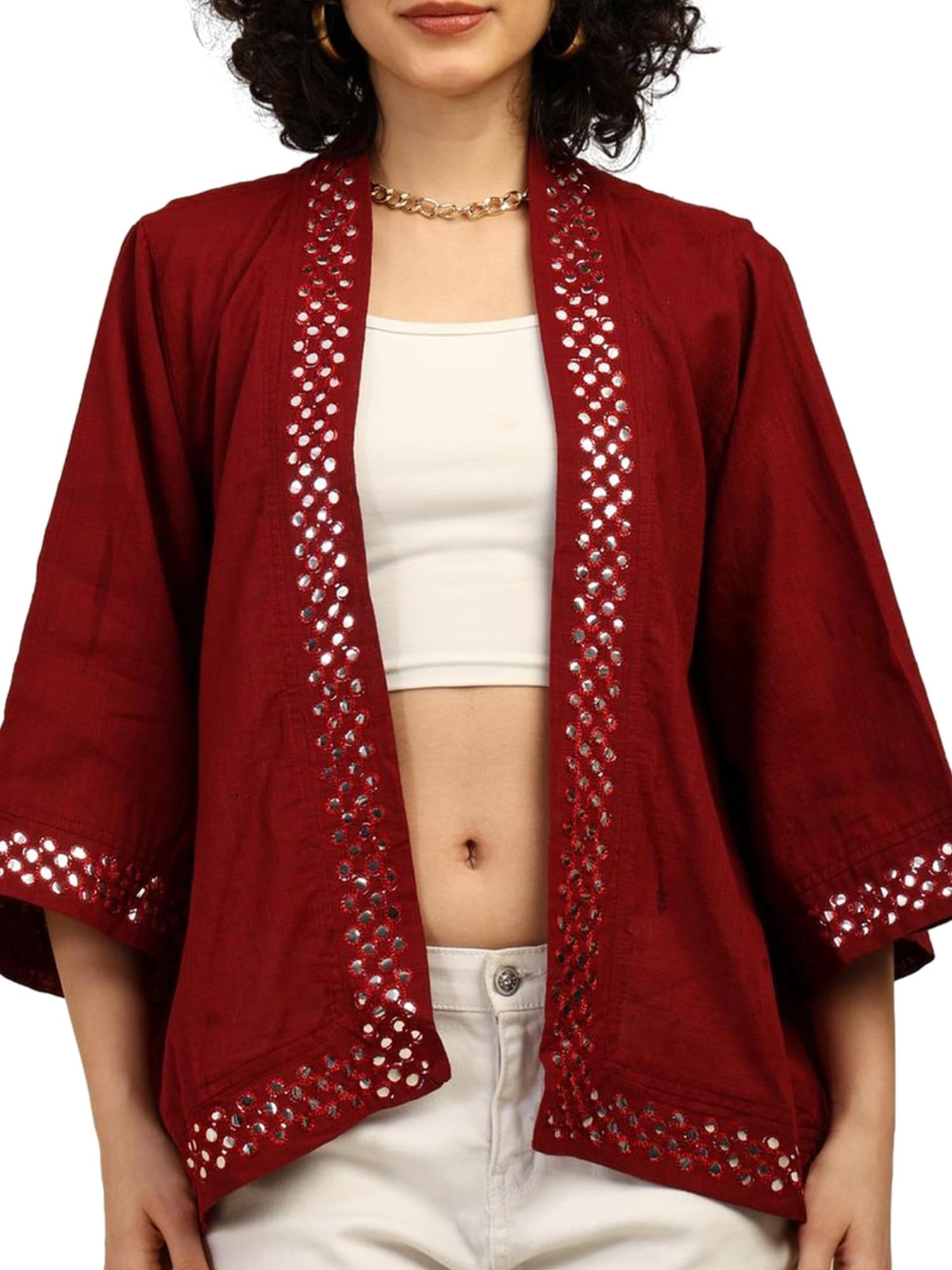 ke kanhaexports KE KANHA EXPORTS Cotton Shrugs for Women Stylish Boho Beach Kimono Shrug Shesha Embroidery Cover Up Western Layer for Tops & Dresses Free Size Fits S-M-L-picture-32