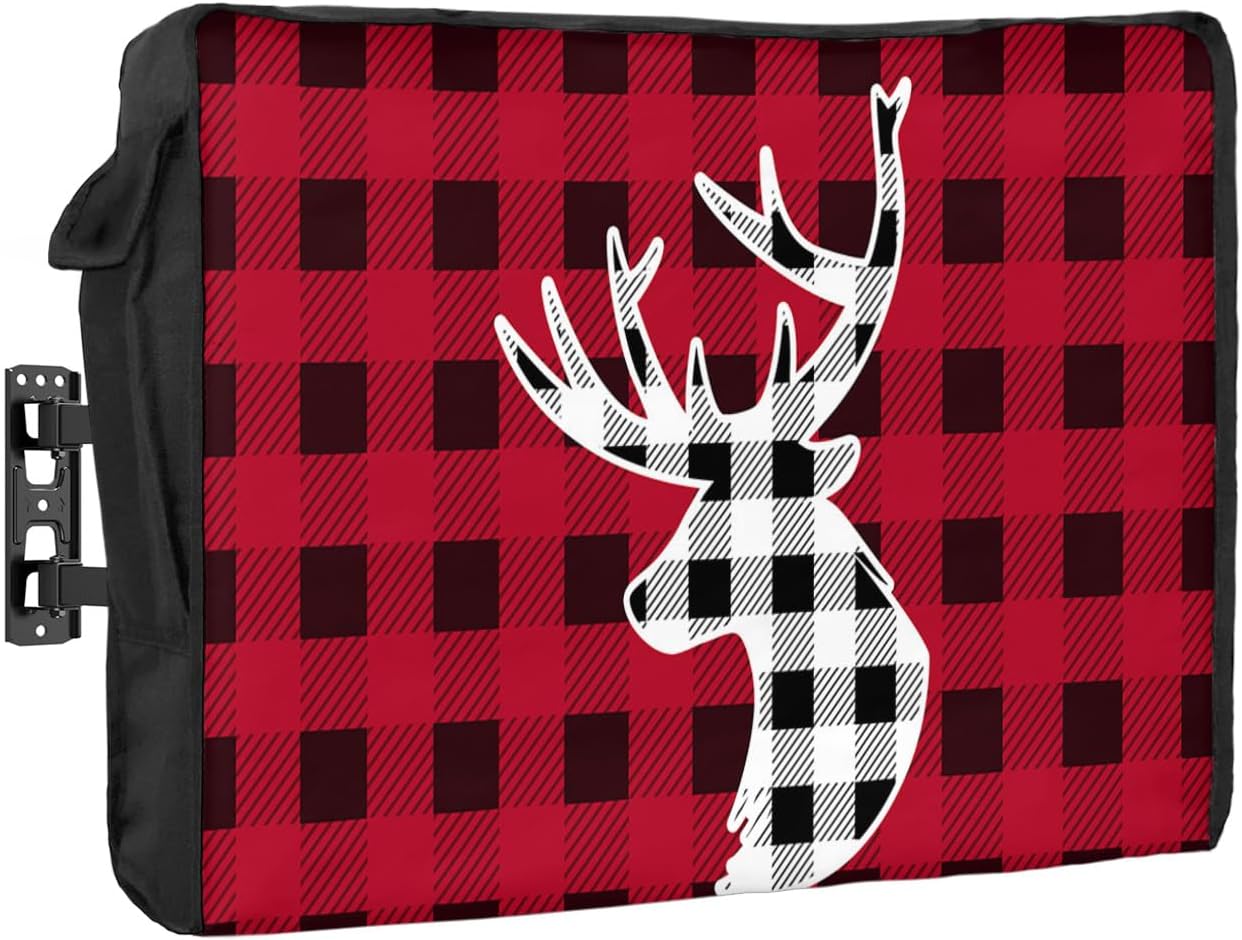 Outdoor TV Cover - Black and Red Plaid Forest Animal Deer Head Waterproof and Weatherproof 30"-32" LCD Movable Shield TV Display Screen Protector Outside Television Covers