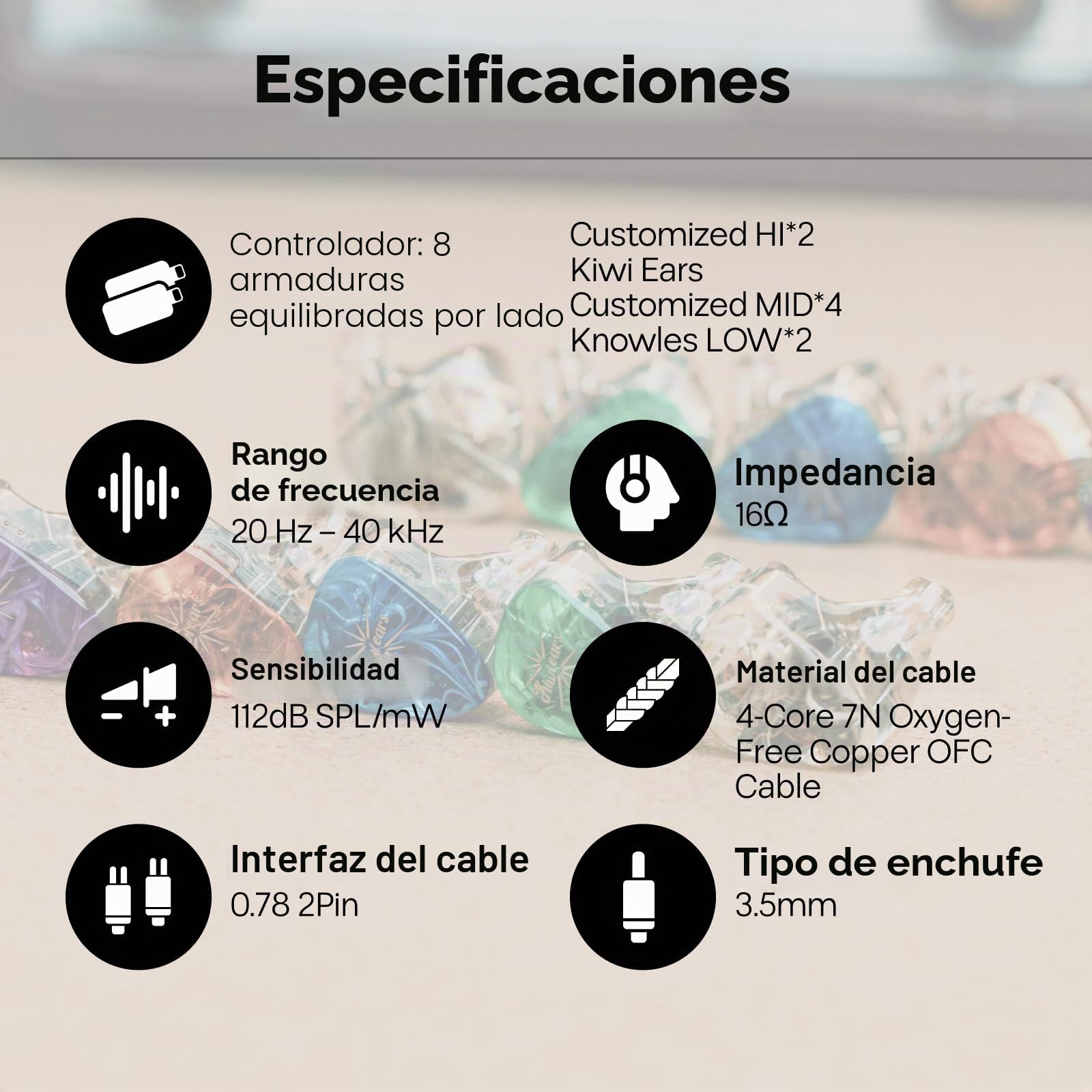 Linsoul Kiwi Ears Orchestra Lite 8BA Personalizado In Ear Monitor IEM con Cable Desmontable 7N de Cobre Libre de Oxígeno OFC de 4 Núcleos, Placa Frontal Artesanal para Músico Audiófilo(Transparente)