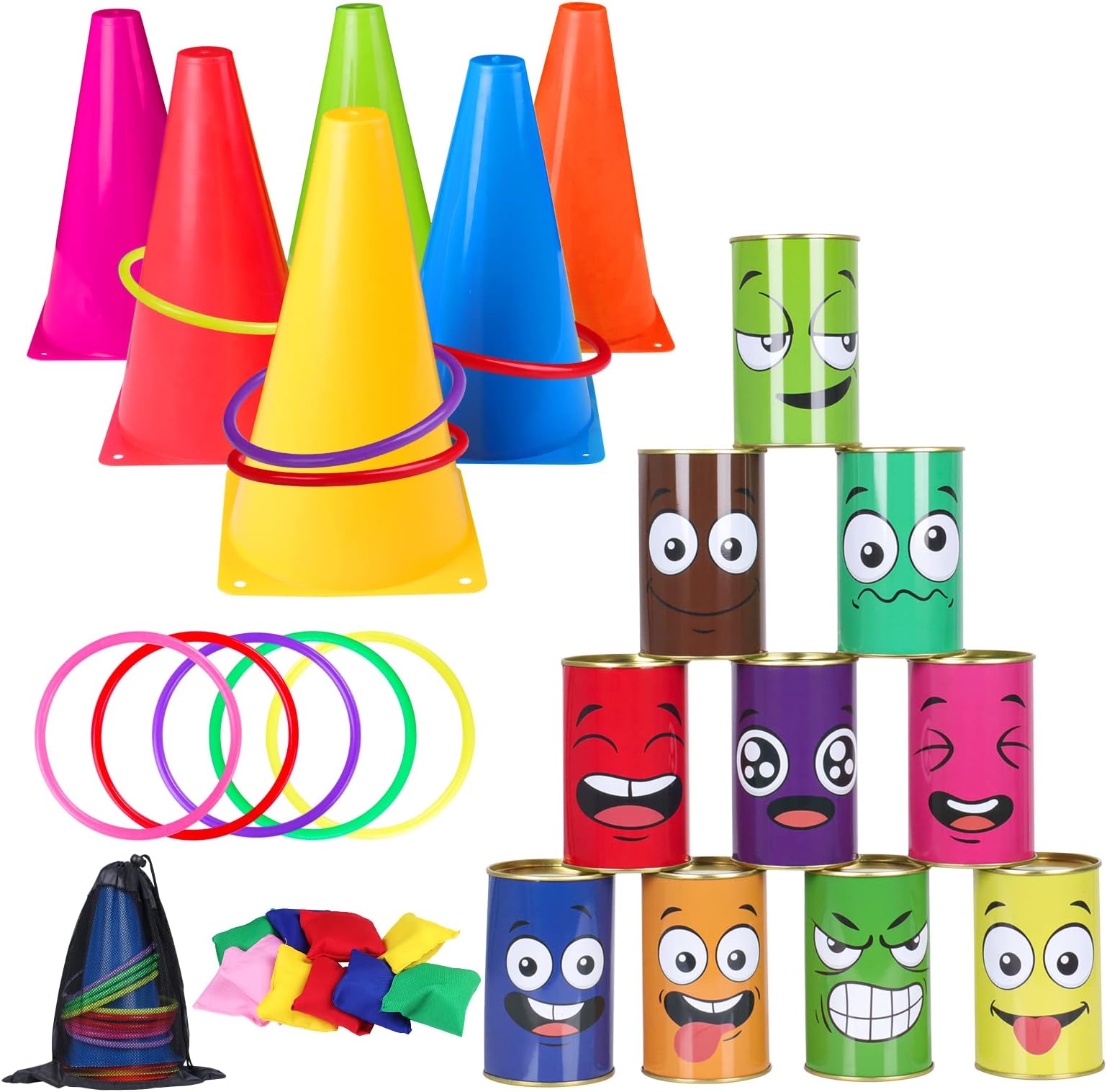 Hxezoc 36 Pack Carnival Games Set, 4 in 1 Soft Plastic Cones Cornhole Bean Bags Ring Can Toss Carnival Games Combo for Kids Adults Carnival Birthday Party School Field Indoor Outdoor Games Supplies