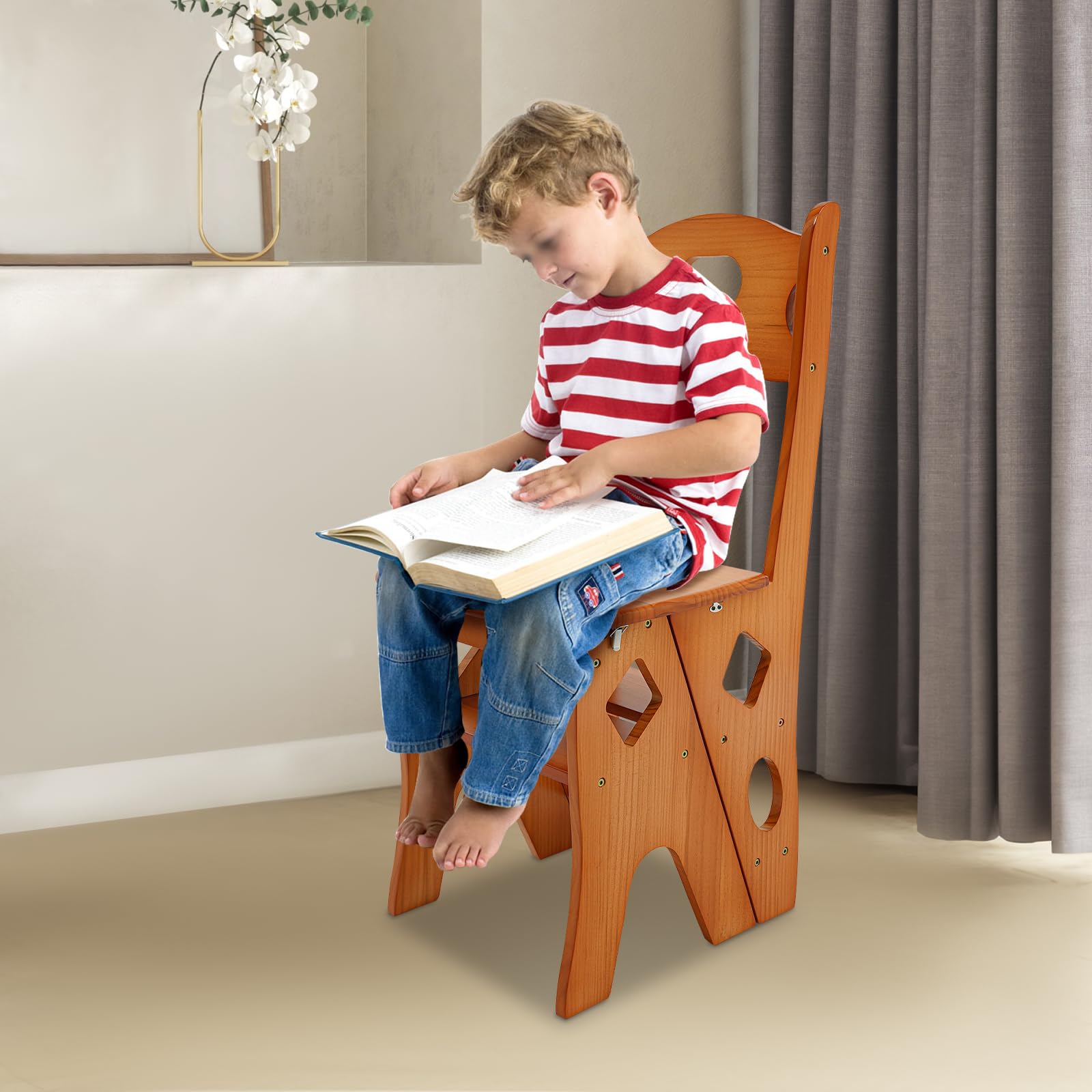 Sgabello pieghevole a 4 livelli, in legno, trasformabile, scaletta e sedia per scale, multifunzione, portata 100 kg, utilizzato per interni ed esterni (caramello)