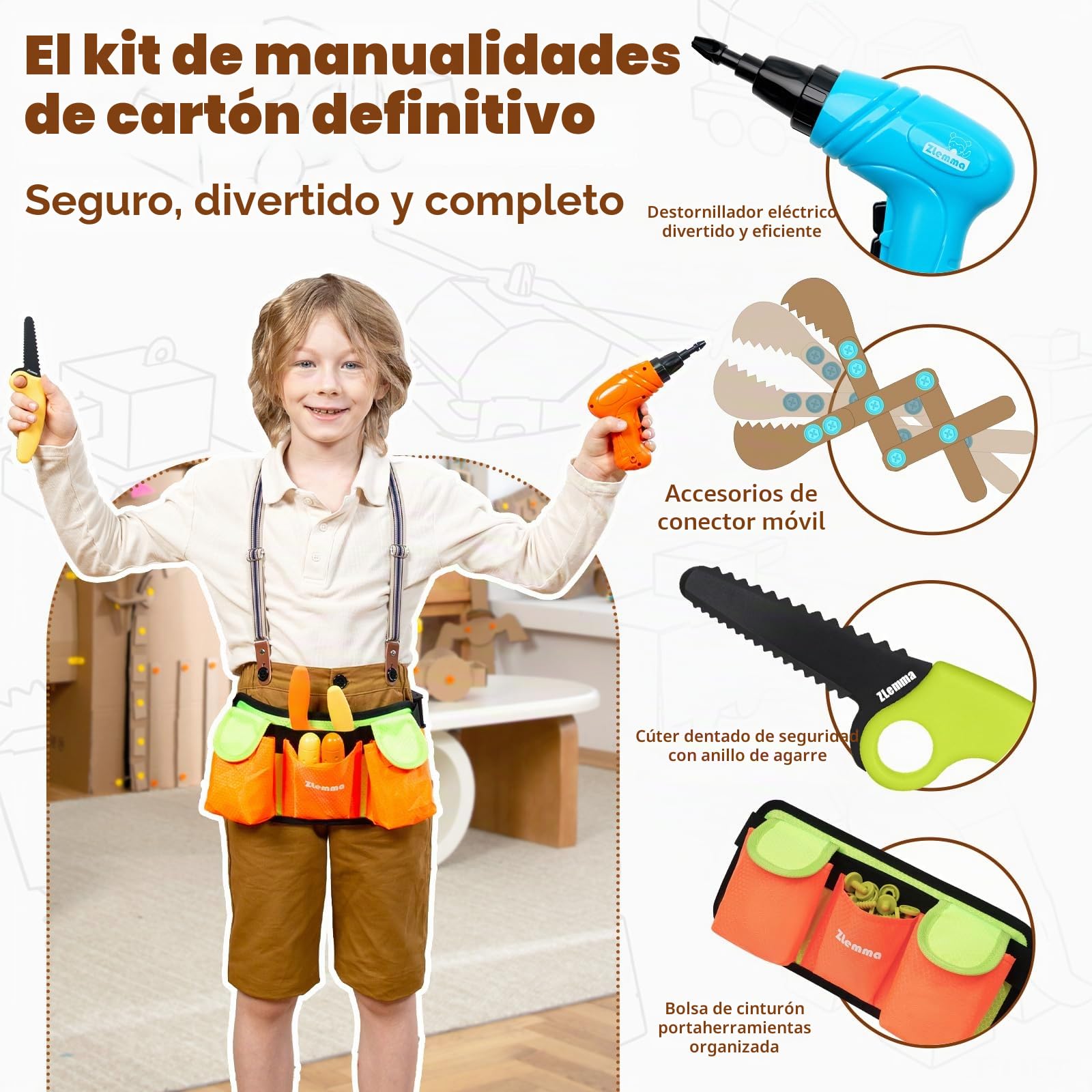 Kit de Herramientas de Cartón para Niños - Caja de Herramientas de Construcción de Cartón de 258 Piezas - con Taladro, Sierra de Seguridad, Punzón, Bisagras y Tornillo, Bolsa de Cintura