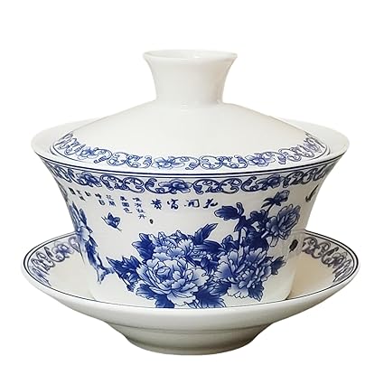 WEOPYCJ Asian Personal Ceramic Tea Cup with Lid, Home Office Chinese Kungfu Teamug Set,6.8Oz,China Porcelain Classic Gaiwan Handleless,Chinese Traditional Celadon,Gift for Tea Lovers (Peony)