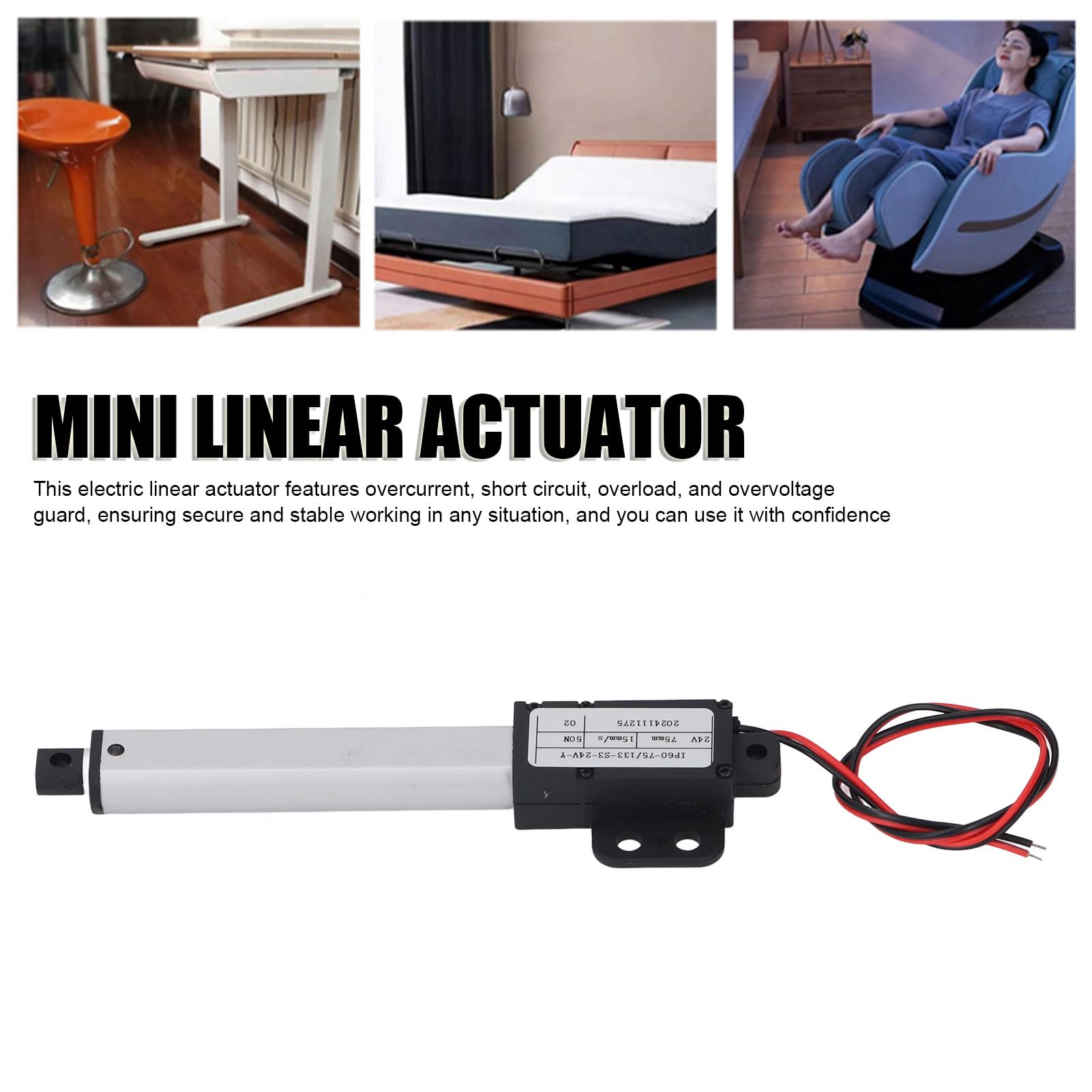 Mini Siłownik Liniowy Teleskopowy Elektryczny 24 V DC Automatyczny ze Skrzydełkami 15 Mm/s prędkość 75 Mm Skok 50 N Ciąg