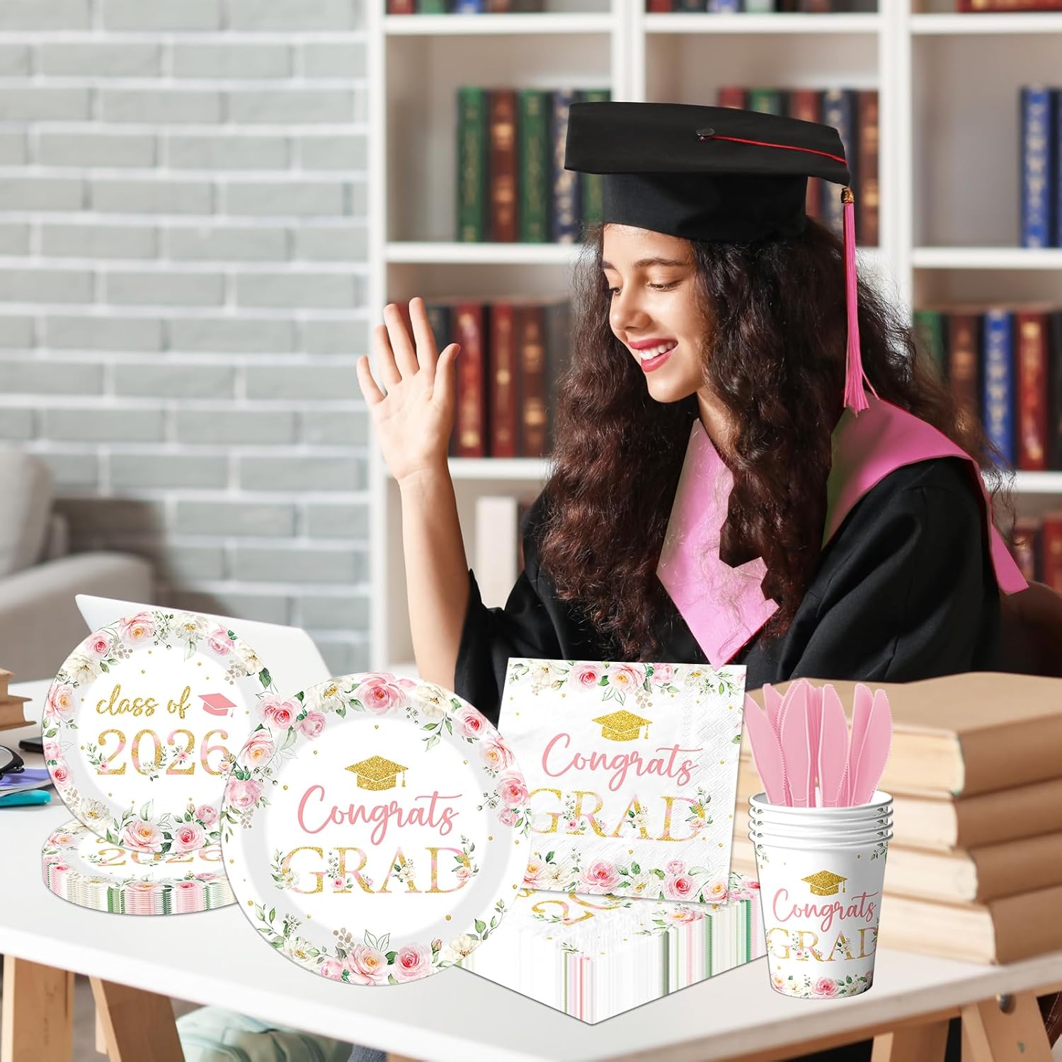 Class of 2026 Graduation Party Supplies,150Pcs Floral Congrats Grad Party Plates and Napkin Pink Gold Floral Graduation Theme Tableware for Class of 2026 Congrats Grad Party Serve 25