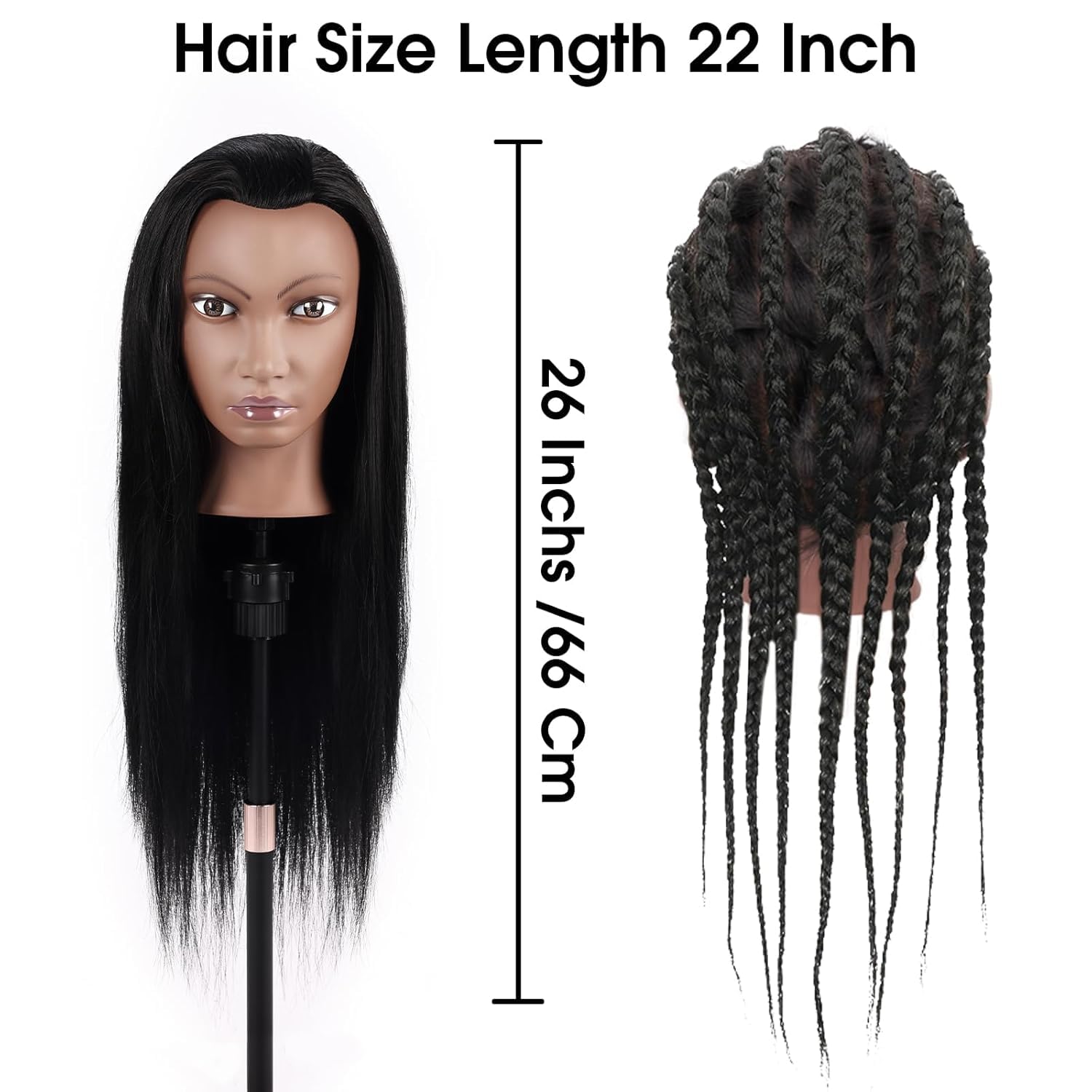 Friseur Übungskopf 100% Echthaar, 66 cm / 26 Zoll Mannequin Kopf mit Haaren, Friseurkopf Trainingskopf mit Klemme & Zubehör, Frisierpuppe für Schneiden, Flechten, Styling (Schwarz)