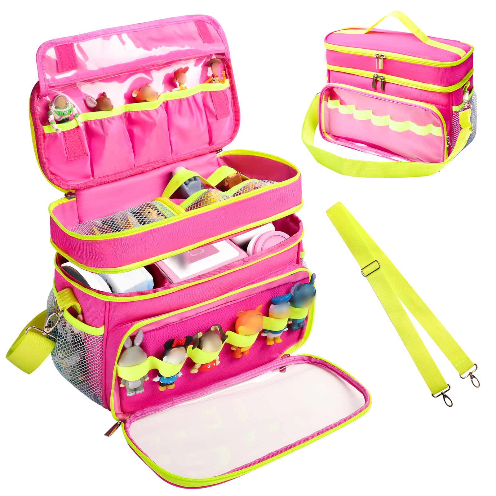 Tesuko Carrying Case Compatible with Toniebox Starter Set, Double Layer Storage Bag for Tonies Figures Characters, Portable Travel Organizer Case with Shoulder Strap for Tonies Box Headphones (Rose)