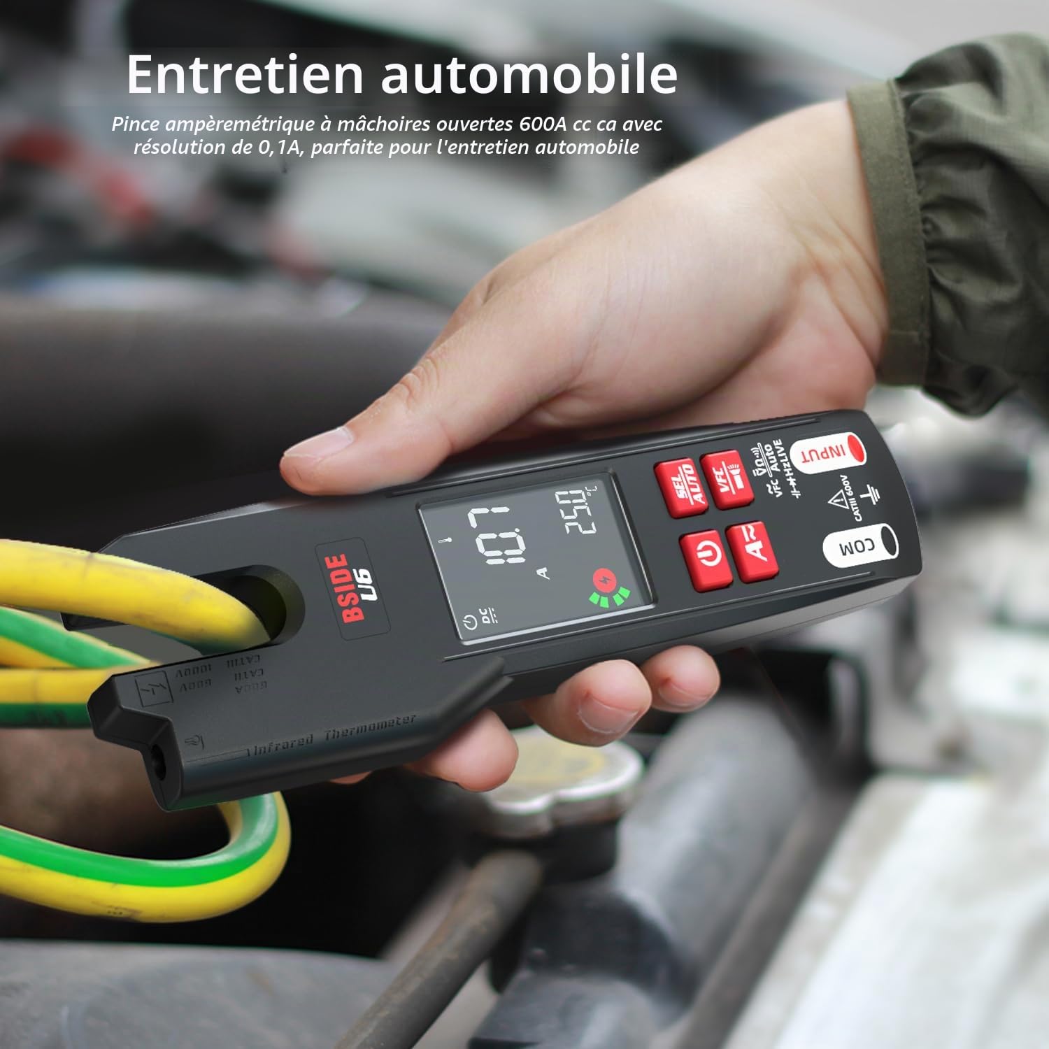 BSIDE U6 Testeur Électrique avec Thermomètre Infrarouge Pince Ampèremétrique Ouverte AC DC 600A LCD Couleur 9999 Comptes VFC Multimètre Numérique Intelligent avec Batterie Rechargeable et Étui