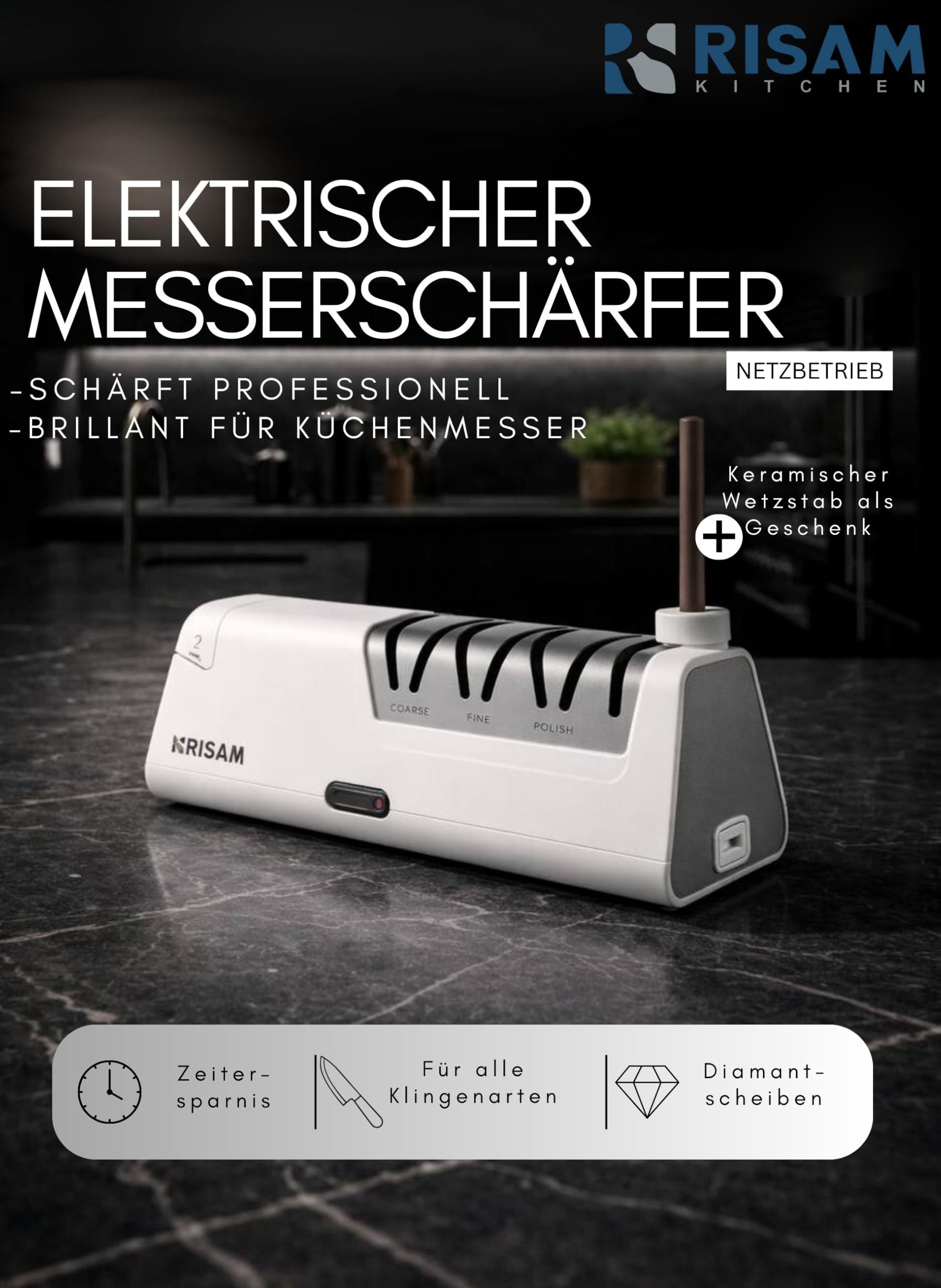RISAM Elektrischer Messerschärfer 3-Stufen Schleifsystem für Küchenmesser & Keramikmesser Weiß
