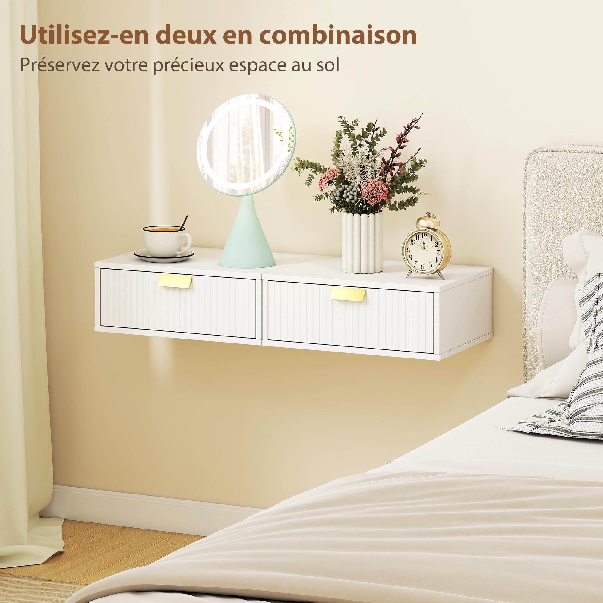HOMCOM Lot de 2 Tables de Chevet murales, Tables de Nuit suspendues avec tiroir ondulé, Style Moderne, pour Chambre à Coucher, Salon, 40 x 30 x 15 cm, Blanc
