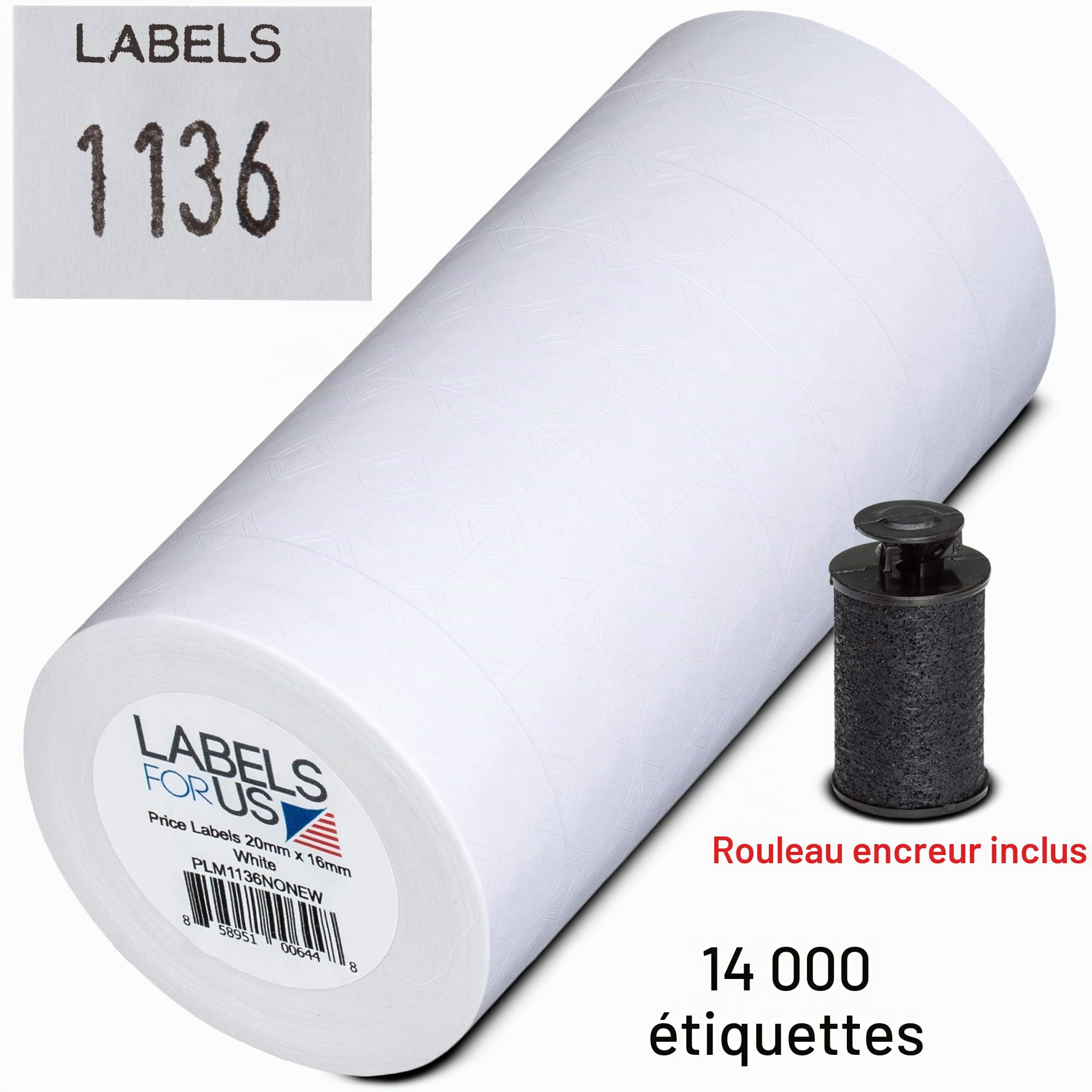 Étiquettes pour étiqueteuse Monarch 1136 – Blanc – 14 000 étiquettes – Lot de 8 rouleaux – Rouleau encreur inclus – Fabriqué par Labels for Us – Prime