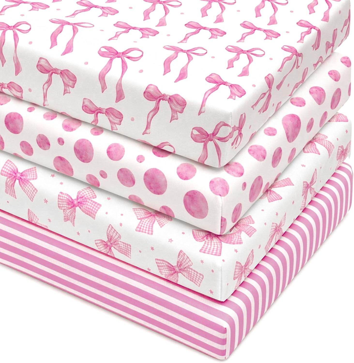 4 Pack Pink Bow Crib Sheets Girls - Fits Standard 52"x28"x8" Crib & Toddler Mattress, Soft Breathable Polyester Baby Nursery Bedding, Coquette Bow Polka Dot Stripe Printed Fitted Sheets for Girls