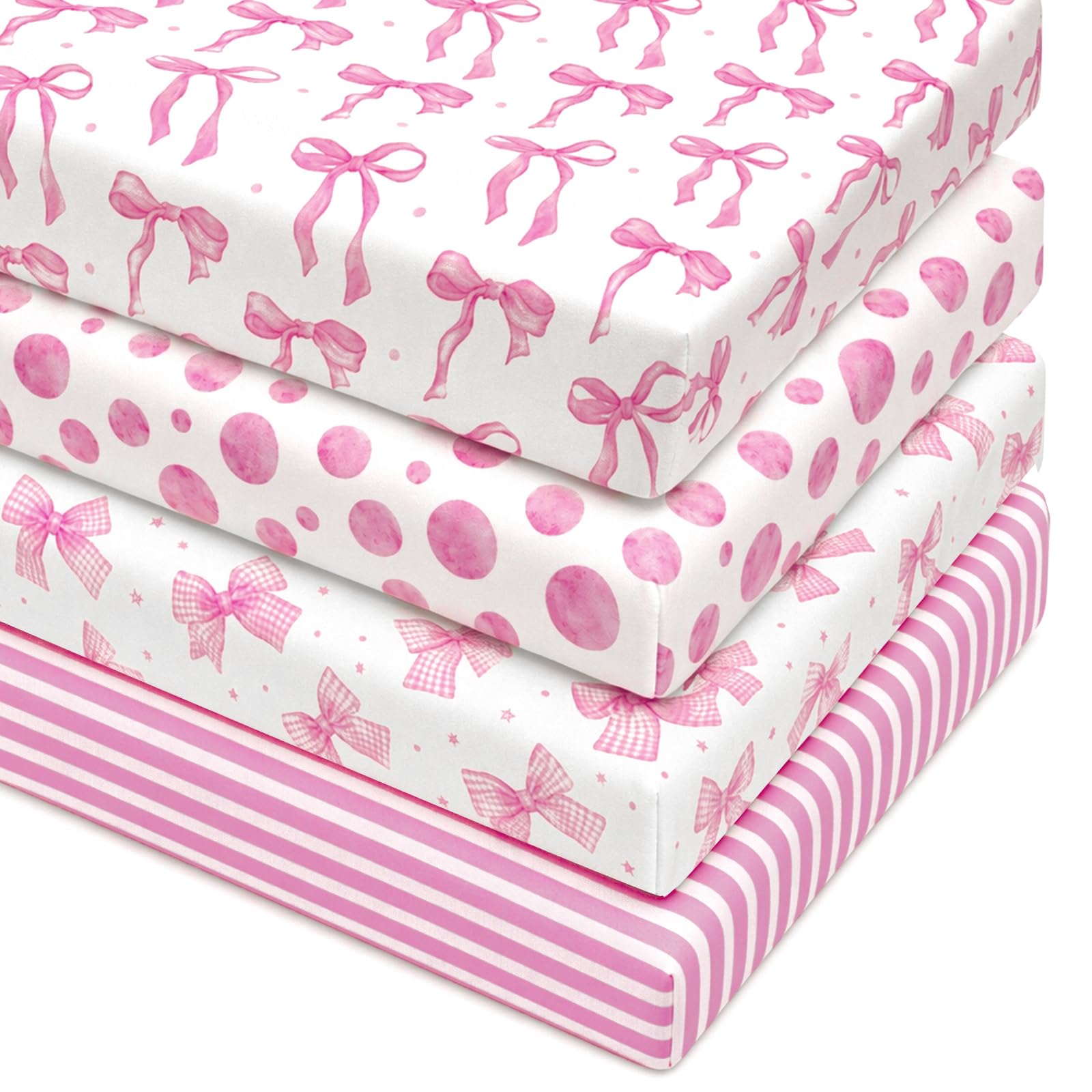 4 Pack Pink Bow Crib Sheets Girls - Fits Standard 52"x28"x8" Crib &amp; Toddler Mattress, Soft Breathable Polyester Baby Nursery Bedding, Coquette Bow Polka Dot Stripe Printed Fitted Sheets for Girls