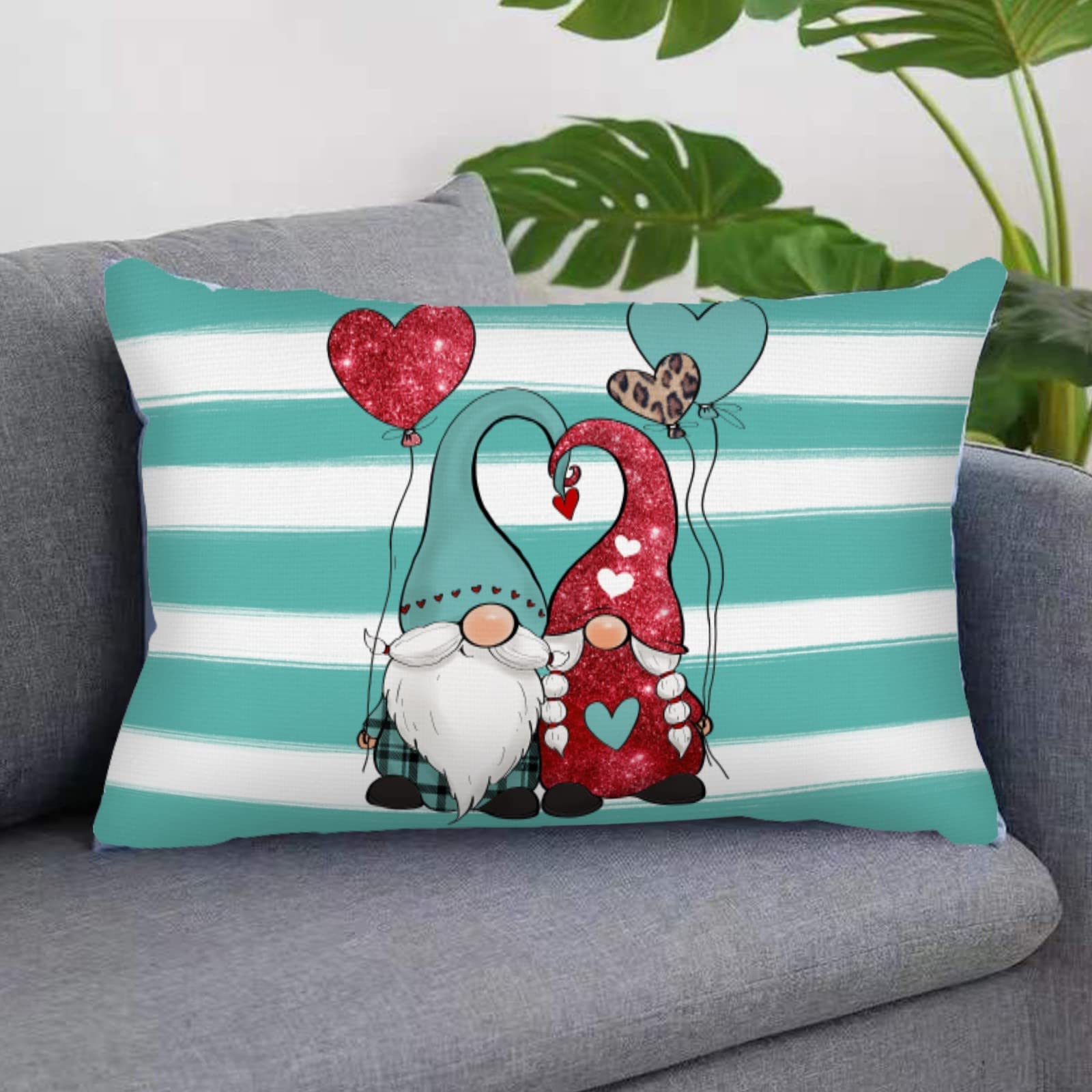 Gnomes Throw Pillow Covers,Valentine's Day Pillow Covers 12x20in,Turquoise Throw Pillowcase,Festival Anniversary Wedding Cushion Coushion Cover Valentine’s Day Decorations