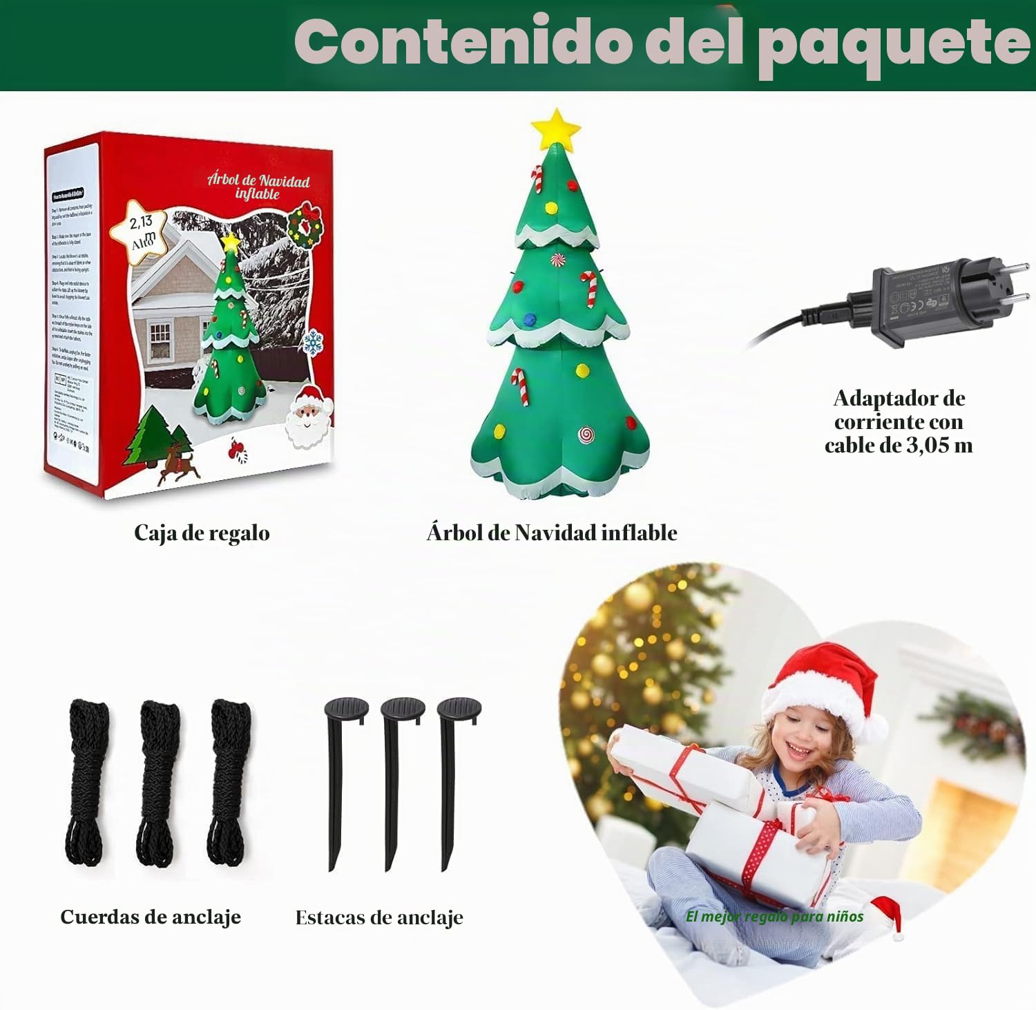 Árbol de Navidad Inflable LED de 213 cm, para Exteriores, IP44, Resistente al Agua, Resistente al desgarro, decoración para Interior y Exterior, Fiesta de Vacaciones, Sorpresa de cumpleaños, césped