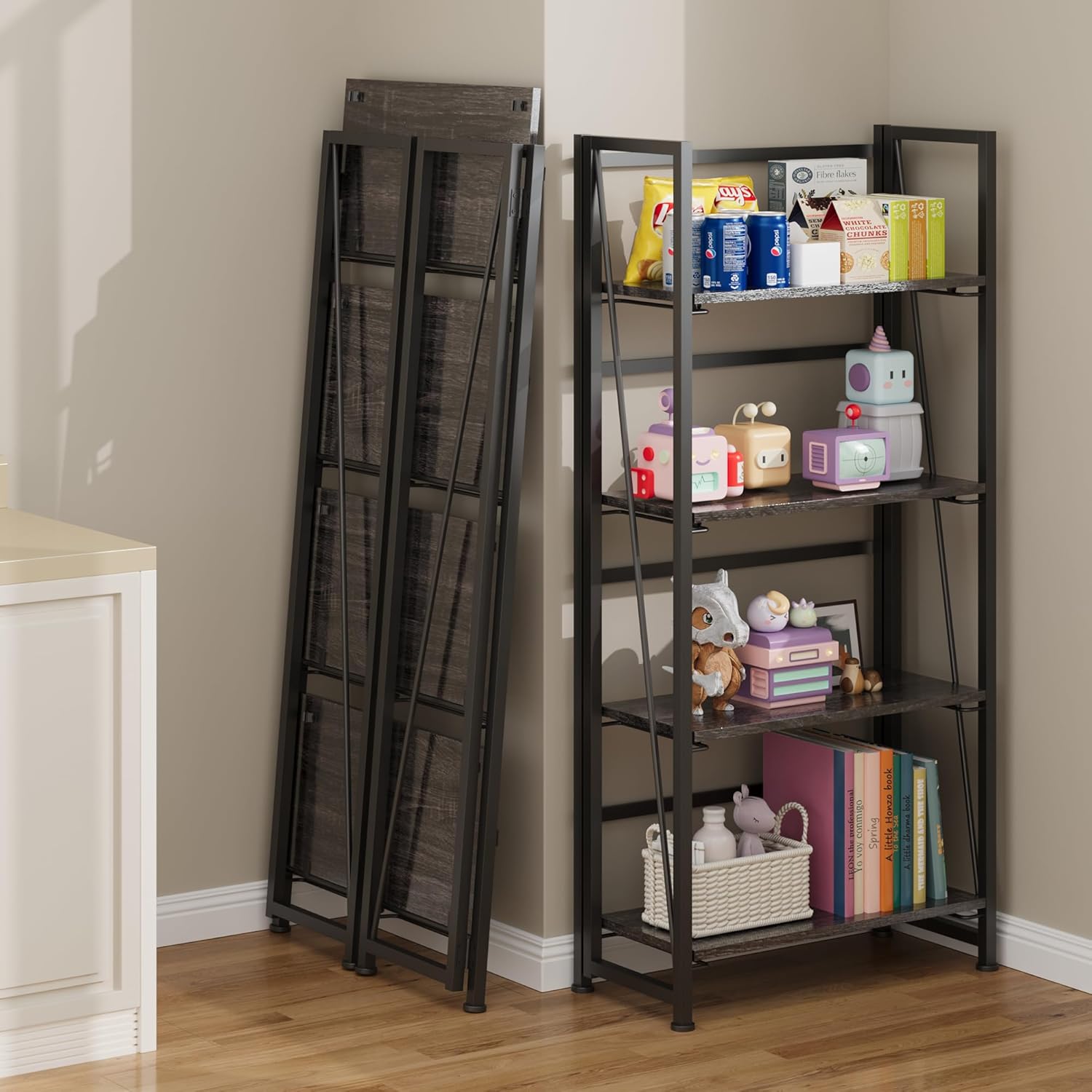 BHG Vintage Multifunctional Folding Bookshelf, No-Assembly Plant Stand Storage Rack Shelves for Home Office (Gray, 4-Tier)