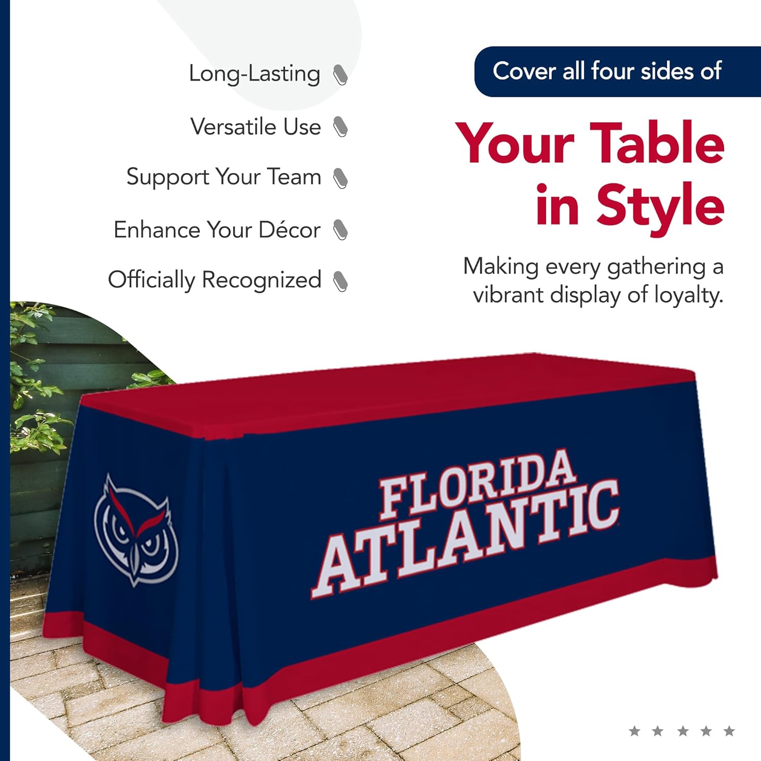 Florida Atlantic Owls College Sports Printed Table Throw - NCAA Licensed - Polyester - School Tablecloth (Blue, Red, White) (6' Draped)