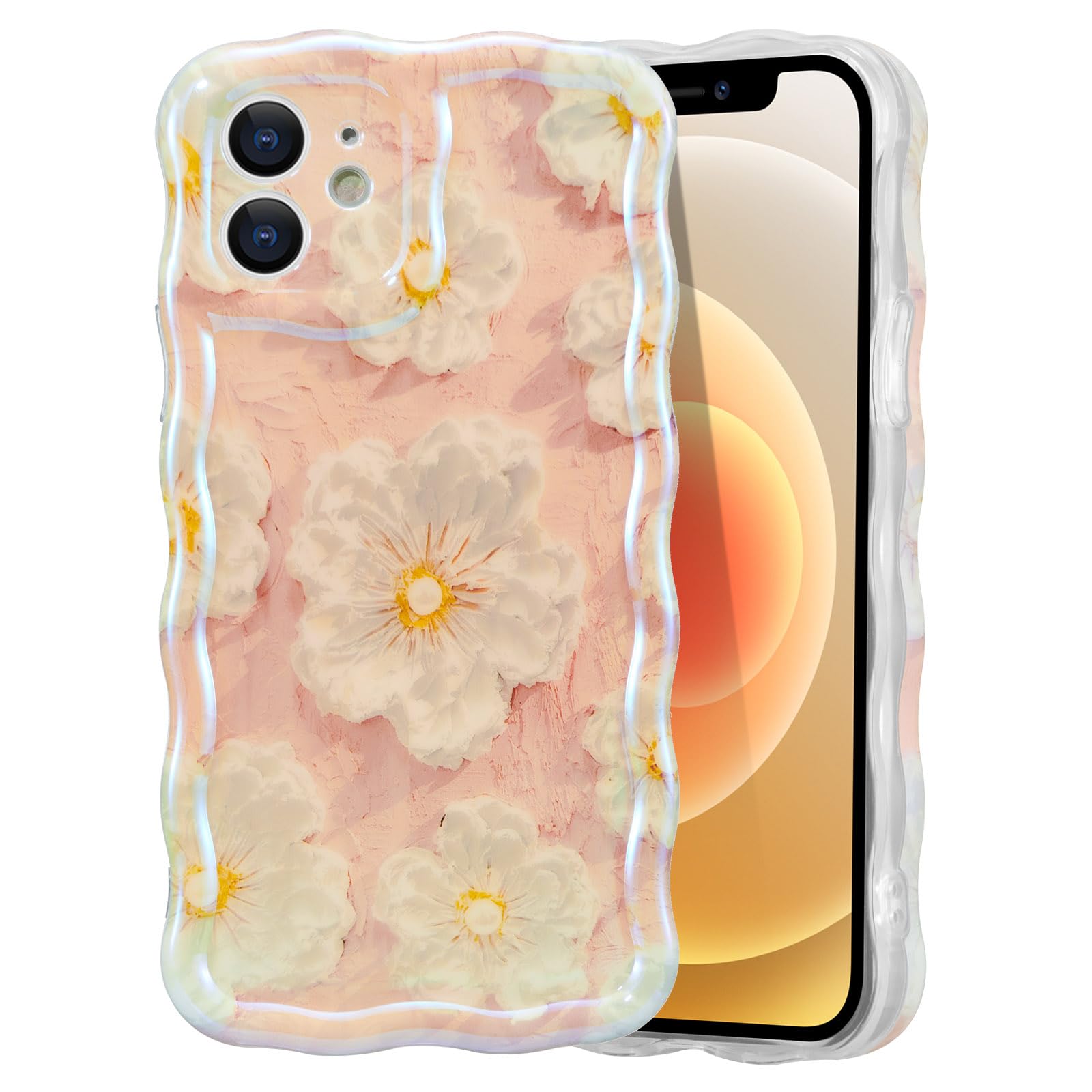 EYZUTAK Case for iPhone 15, Colorful Retro Oil Painting Flower Laser Beam Glossy Pattern Cute Curly Waves Border Exquisite Phone Cover Stylish Durable Soft TPU Protective Case for Girls Women - Green — view 89