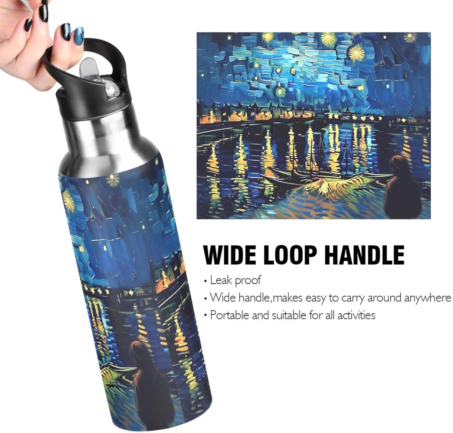 xigua Van Gogh Starry Night Over The Rhone2 Stainless Steel 600ml Water Bottle Leak-Proof Water Bottle, Suitable for Gym School Children and Adult Drinking Bottles