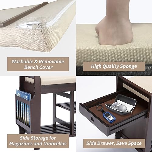 Miniatura 22 de Banco de zapatos de bambú con 3 ganchos laterales, cojín gris extraíble, almacenamiento de zapatos de entrada de 2 niveles, 37.4 x 11.4 x 19.3