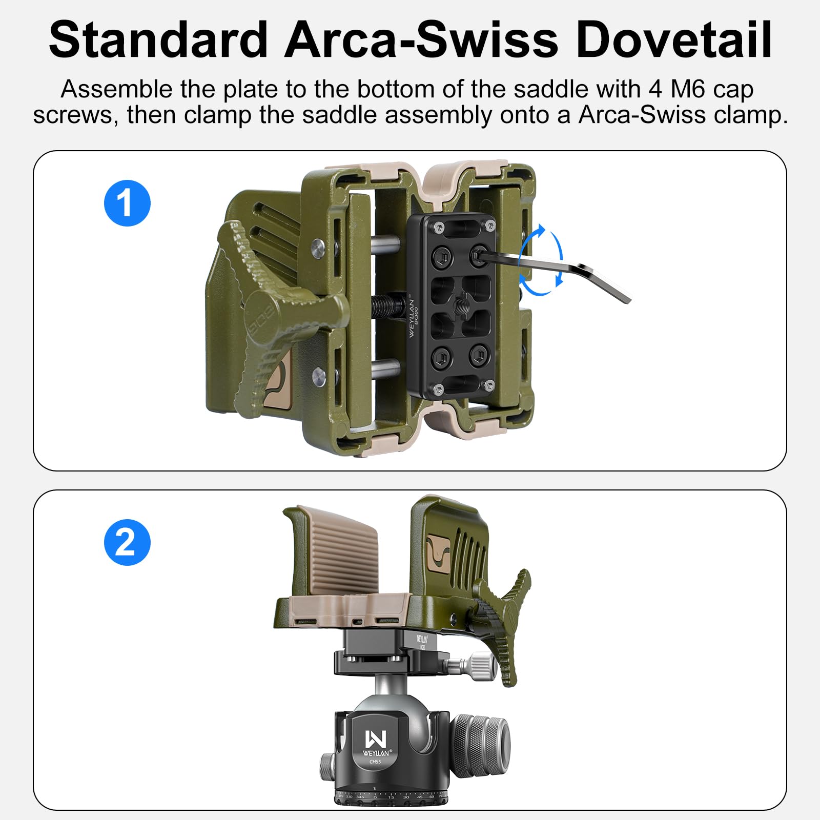 Soporte ARCA de conversión de sillín para trípode Bog DeathGrip a adaptador de conversión Arca Swiss WEYLLAN BQ80 placa de liberación rápida con rosca hembra de 3/8 pulgadas instalada en trípode