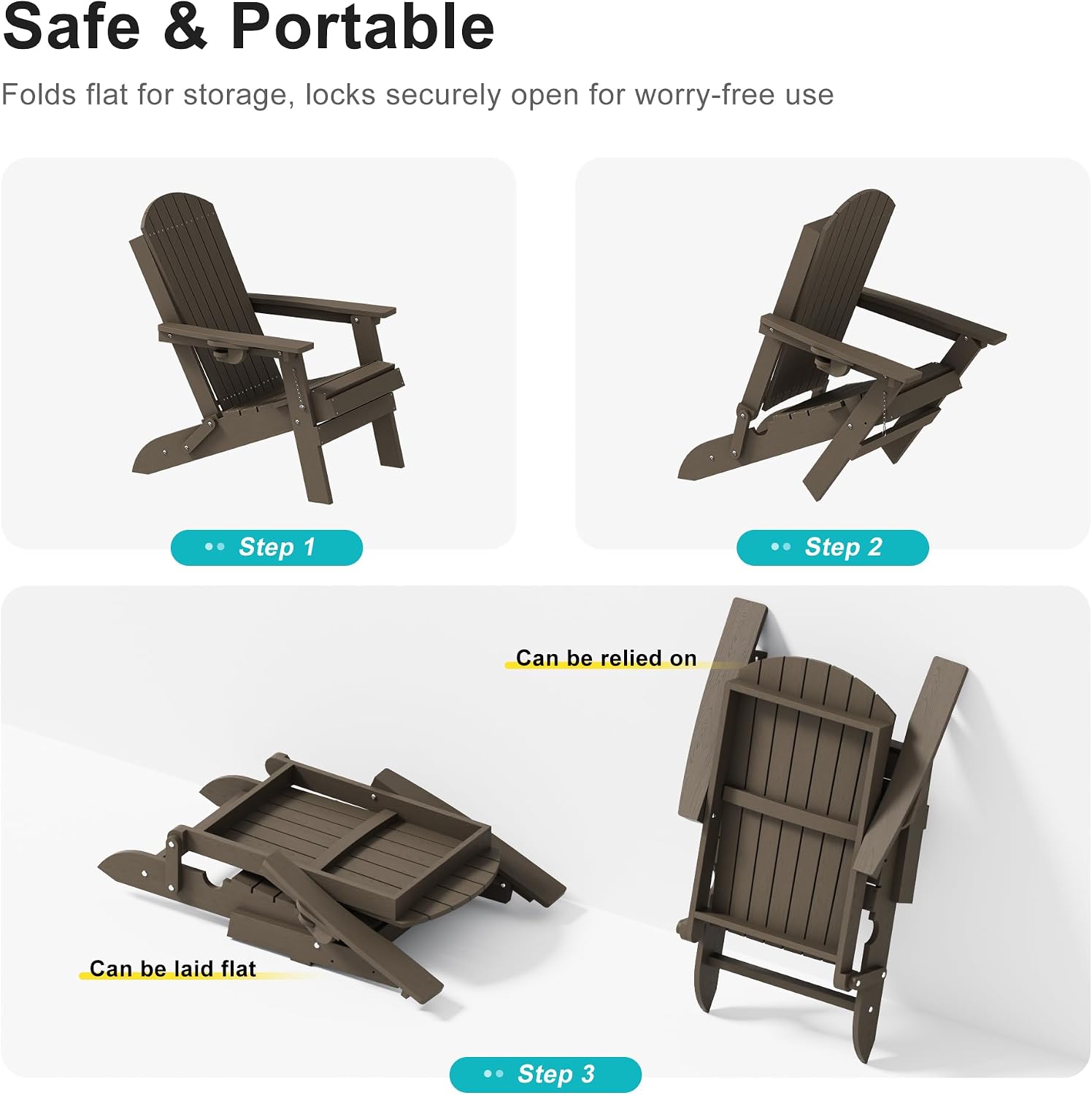 HDPE Foldable Adirondack Outdoor Chair Set of 2 with Cup Holder, Weather Resistant Heavy-Duty Patio Chair for Patio, Backyard, Deck, Fire Pit, Lawn and Porch, Brown