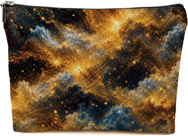 Necessaire de maquiagem Blue Leaves Starry Galaxy Gold com zíper