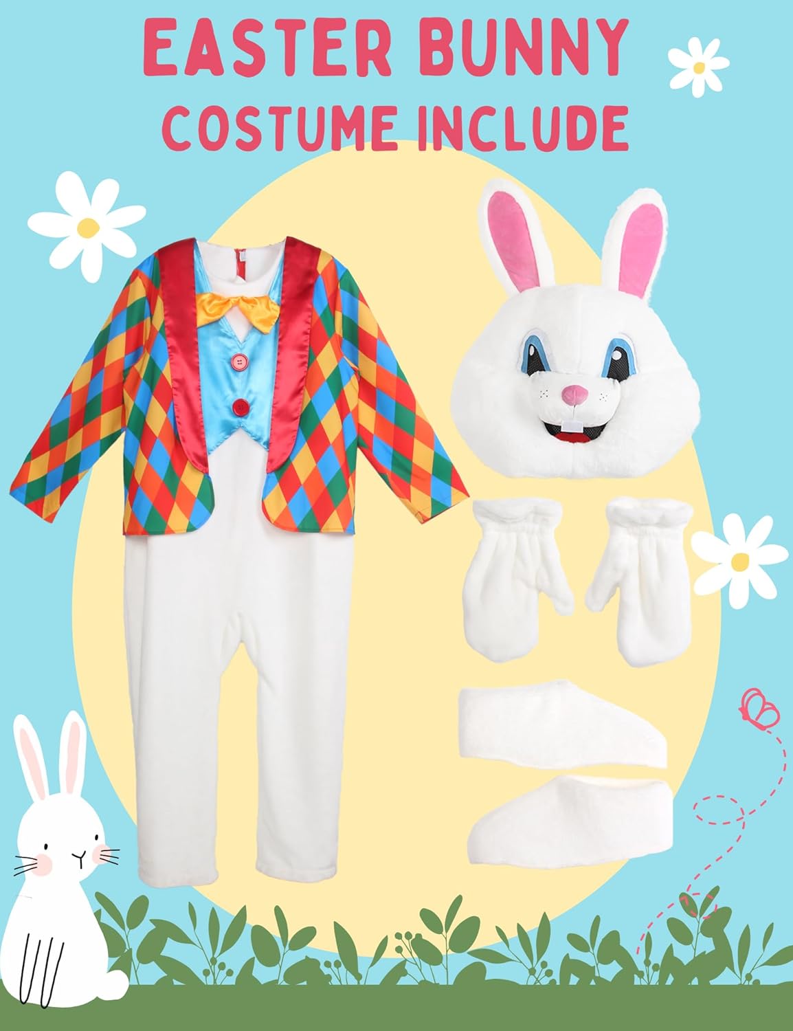 Easter Bunny Costume Adult Rabbit Mascot Jumpsuit Suit Deluxe Bunnies Head Onesie Outfit for Men Women Plus Size Set