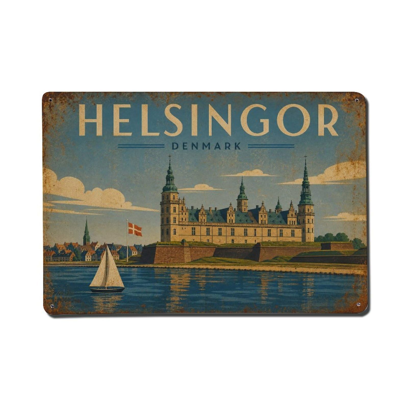 Travel Vintage Denmark Helsingor Metal Tin Sign