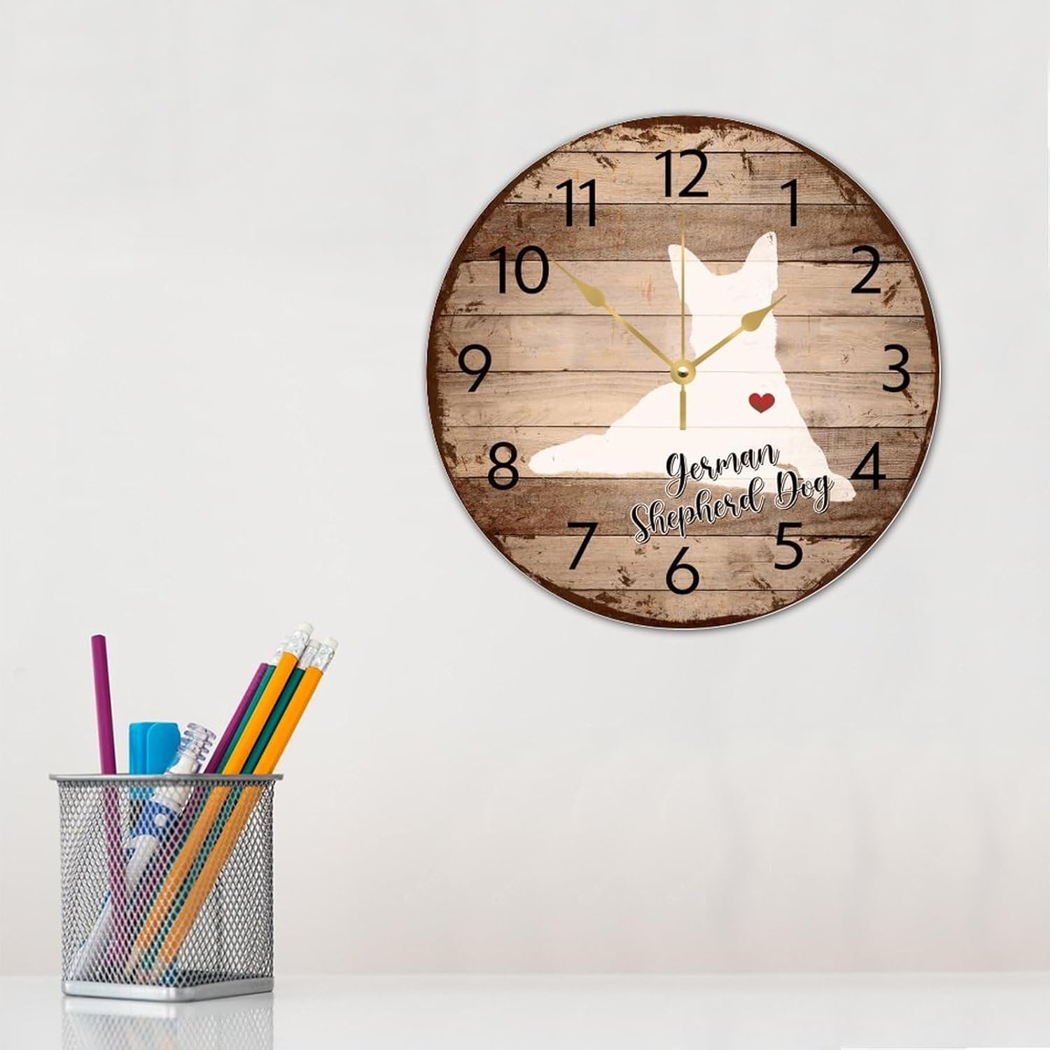 12 Inch Silent Non-Ticking Wall Clocks Battery Operated German Shepherd Dog Wall Decor for Living Room Memorial Pet Portrait Red Heart Retro Round Wooden Wall Clock Country for Dining Room Warehouse