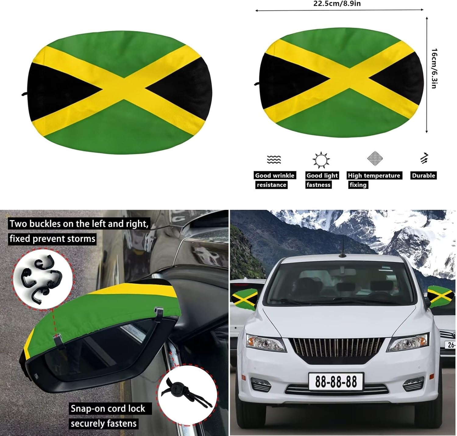3 Pcs Jamaican Flag Car Hood Cover Protector and Side Mirror Anti Theft Covers with Lock for for Automobiles,Waterproof Auto Decor Accessories Set,Gifts for Car Lovers,Universal Fit
