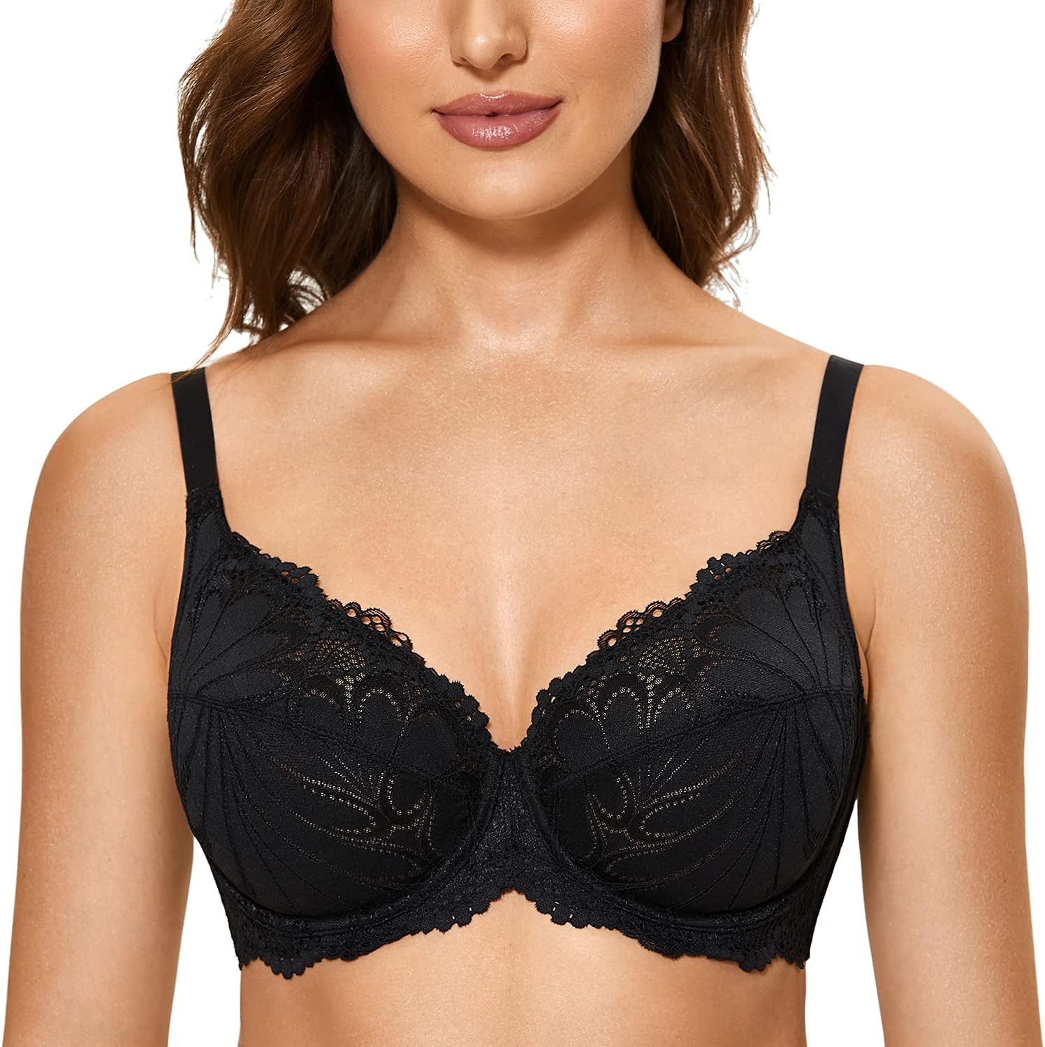 DOBREVA Women's Lace Full Coverage Minimizer Bra Plus Size Underwire Unlined