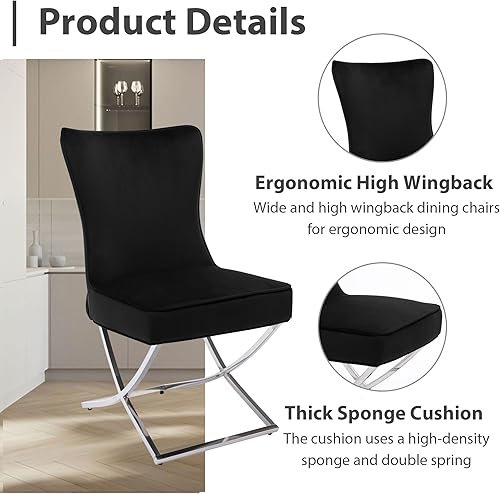 Miniatura 4 de Juego de 2 sillas de comedor de terciopelo, modernas y cómodas sillas de comedor tapizadas con respaldo copetudo y patas de acero inoxidable, color