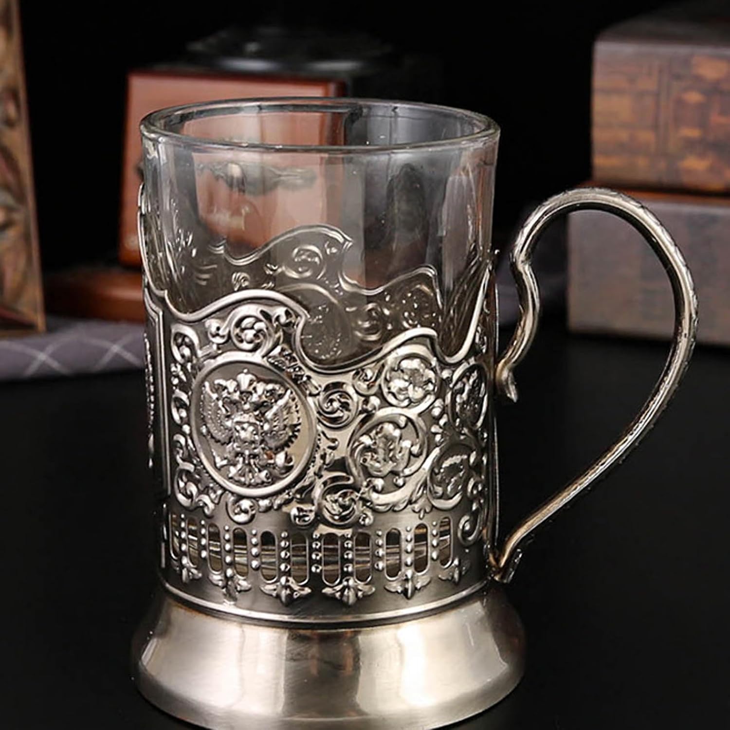 Russian Tea Glass with Metal Holder, Traditional Podstakannik Drinking Glass Cup Set, Vintage Ornate Metal Handle Holder for Hot or Cold Beverages, Coffee and Tea, 1 Set
