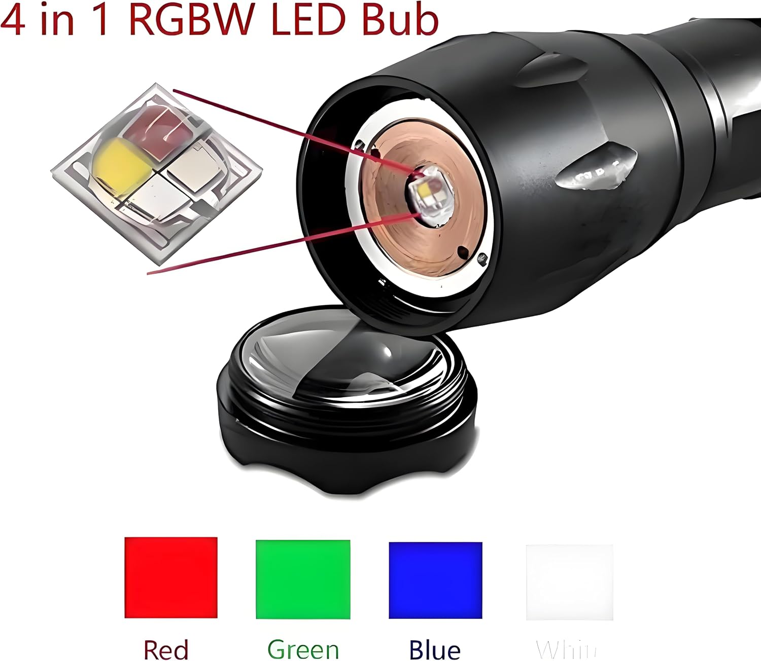Pocketman 4-in-1 Rechargeable Flashlight， Adjustable Focus Floodlights and Spotlights, Multifunctional 4 Modes Torch,White, Red, Green,Orange,Blue, Yellow Light for Emergency, Camping