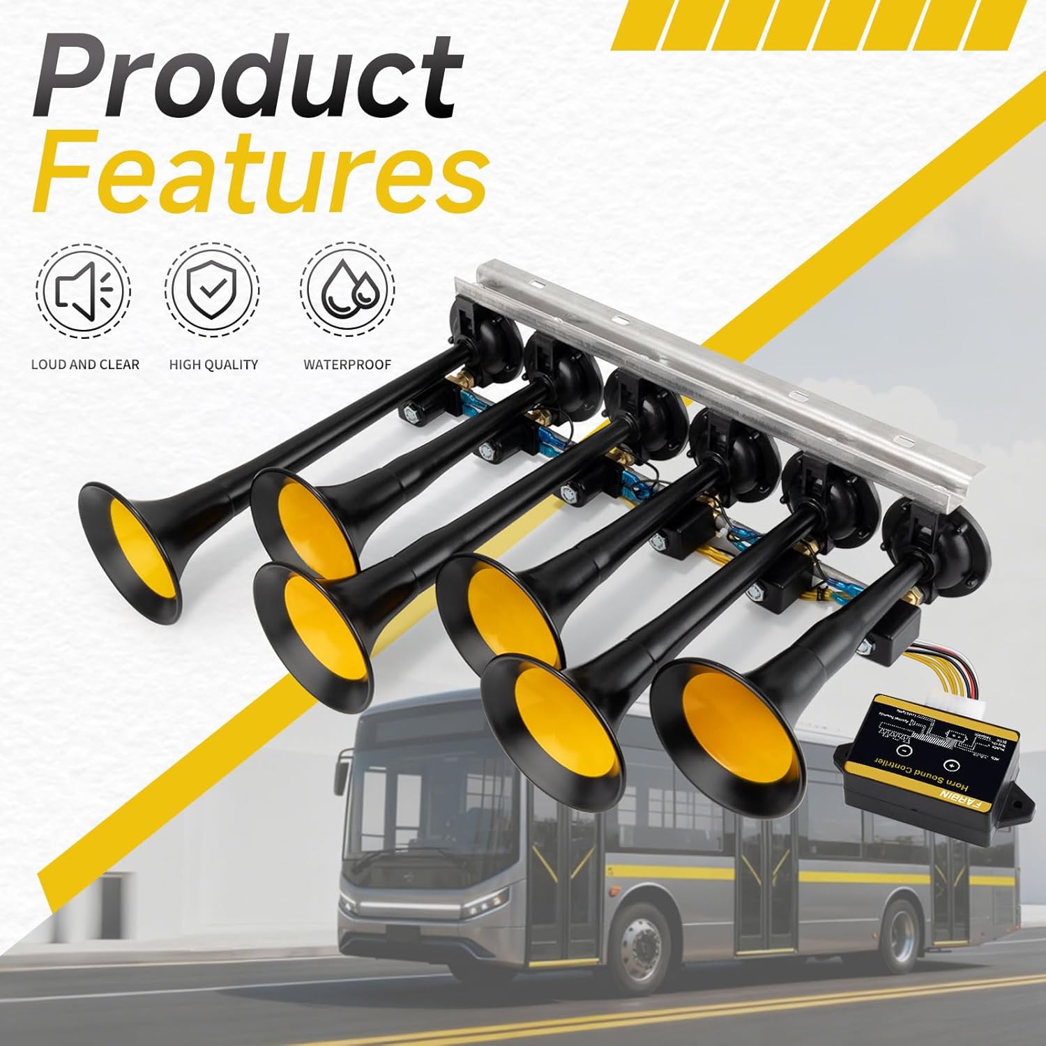 FARBIN Musical Air Horn 36 Melodies 12/24 Volt, Music Horn 178dB, Switchable 36 Songs with Controller for Bus, Truck, Train and Heavy Duty Vehicles