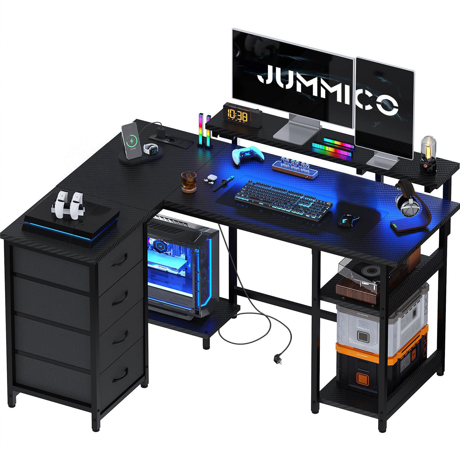 JUMMICO Bureau d'angle en Forme de L 135 cm avec lumières LED, Noir