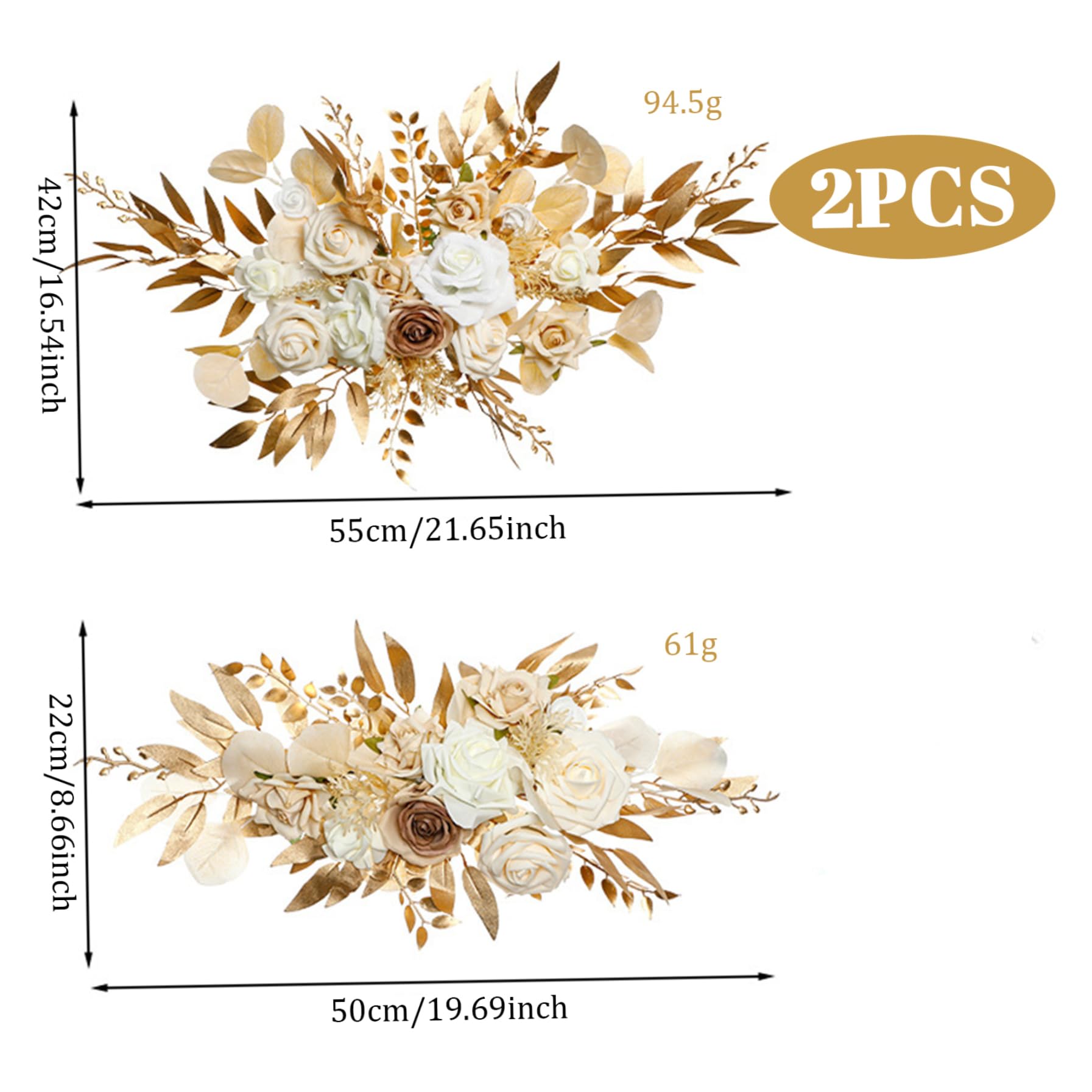 Hochzeitsbogen-Blumen, 2 Stück, lebensechte Champagner-Farben, Bogenblumen mit Clips, Pflegeleichte Hochzeitsdekoration aus Seidenkunststoff