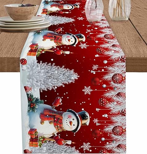 Miniatura 10 de Merry Christmas - Camino de mesa de lino y algodón, diseño de búfalo a cuadros de granja, árbol de Navidad, copo de nieve, árbol de pino, para mesa
