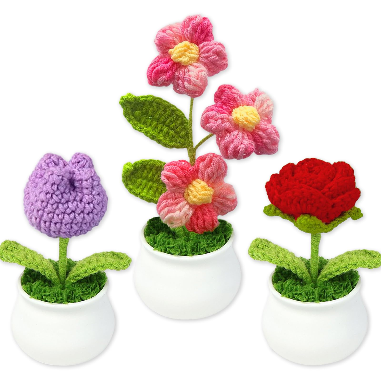 HUSOUE 3 Pcs Crochet Flowers Potted Plant, Emotional Support Crochet Handmade Knitted Flowers Pot Artificial Flower Fake Tulips for Home Desktop Cars Tables Decor