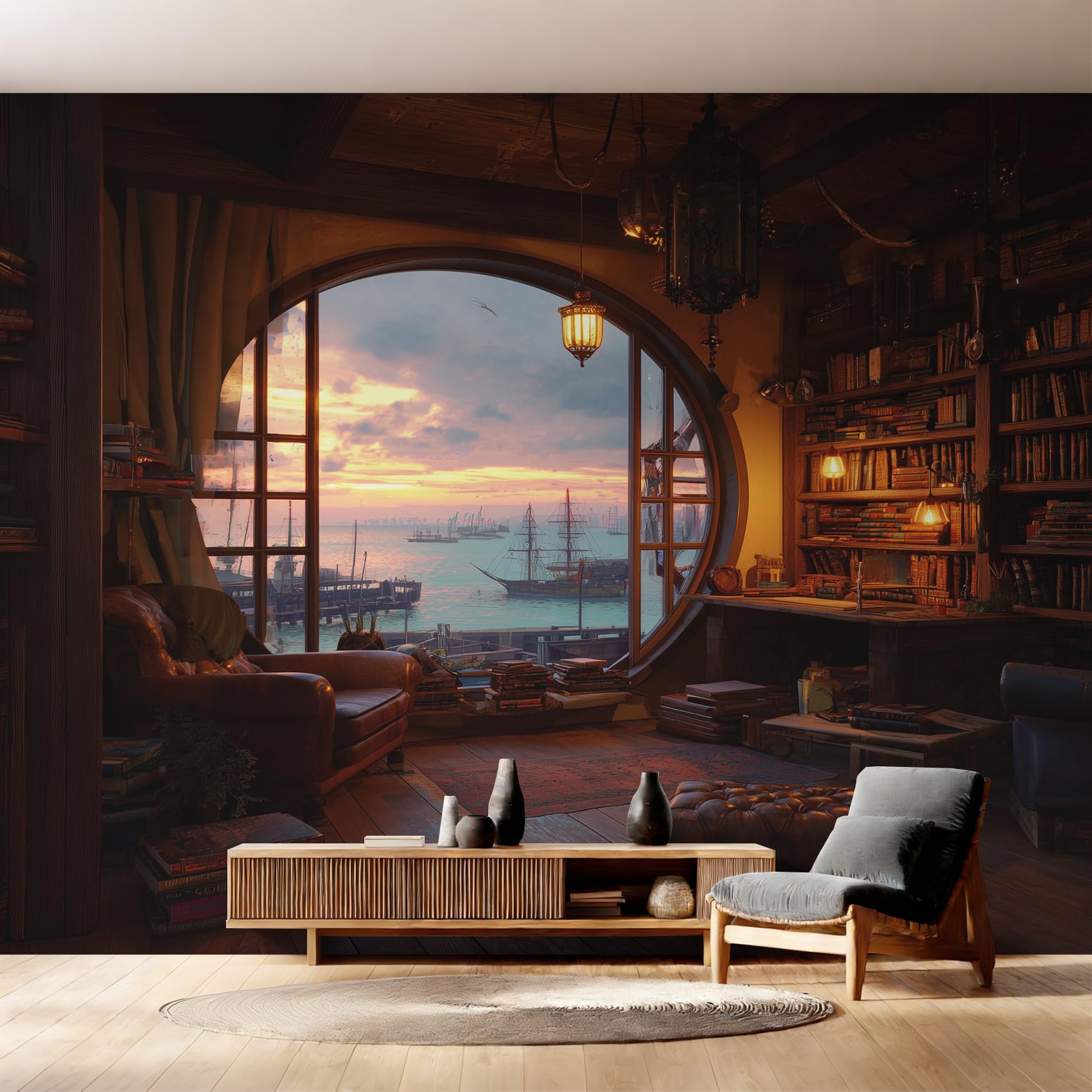 Vintage Fantasy Wallpaper for Living Room, Library Sunset Landscape Wall Mural, Non-Woven Photo Wallpaper for Bedroom, Home Decor Wall Paper 450 x 315 cm (W x H) Y&W67