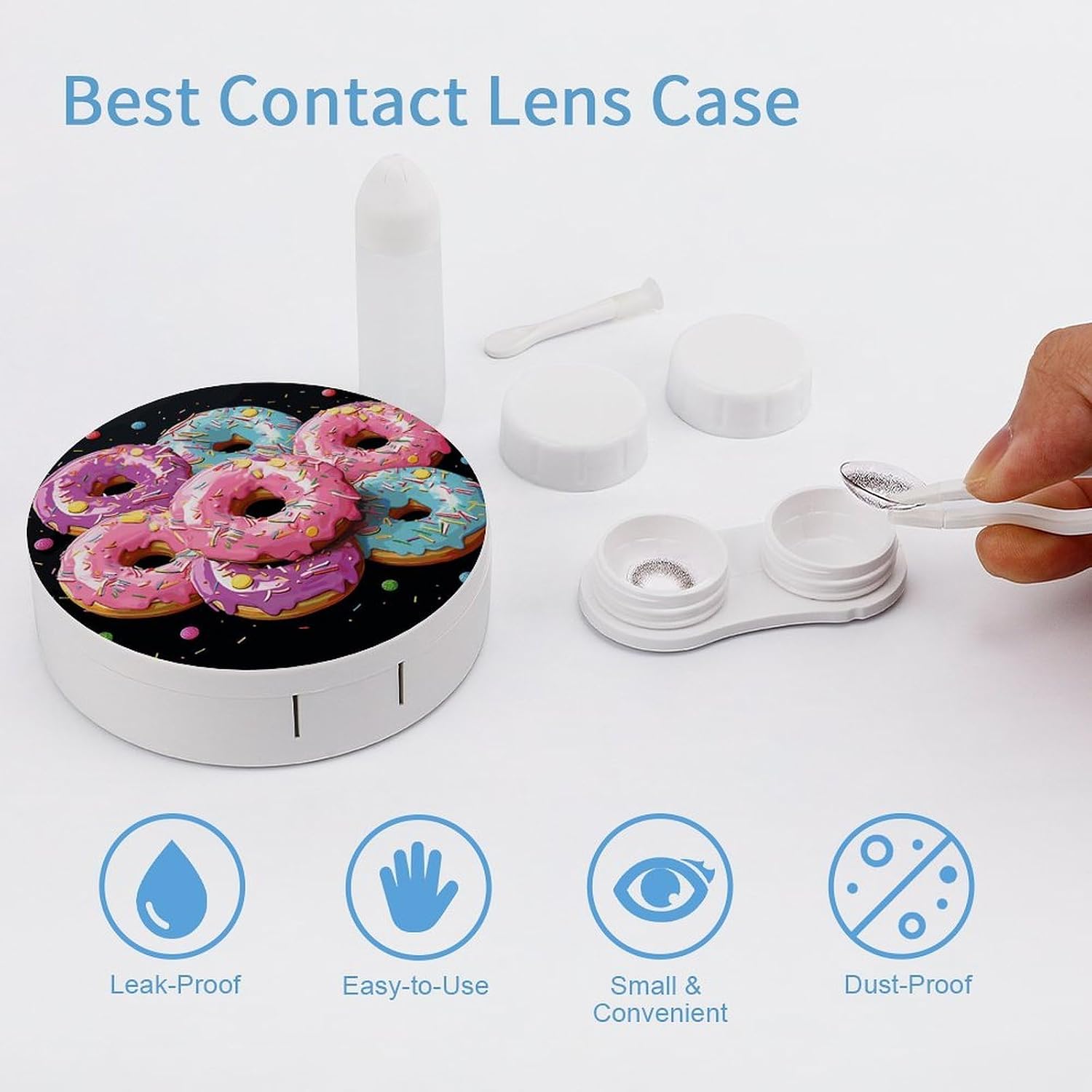 Donut Contact Lens Case with Cleaner Washer Cute Contact Lens Soak Storage Holder Container with Mirror Mini Portable Contact Lens Box Set for Travel Outdoor Use