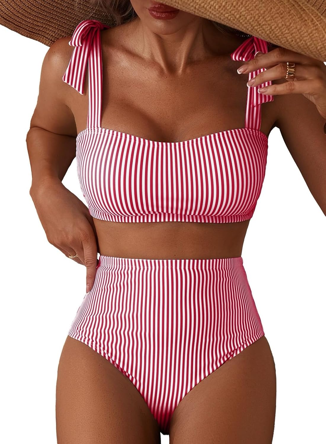 Herseas Women's Tie Shoulder Bikini Sets 2 Piece Striped Swimsuits High Waisted Bathing Suits