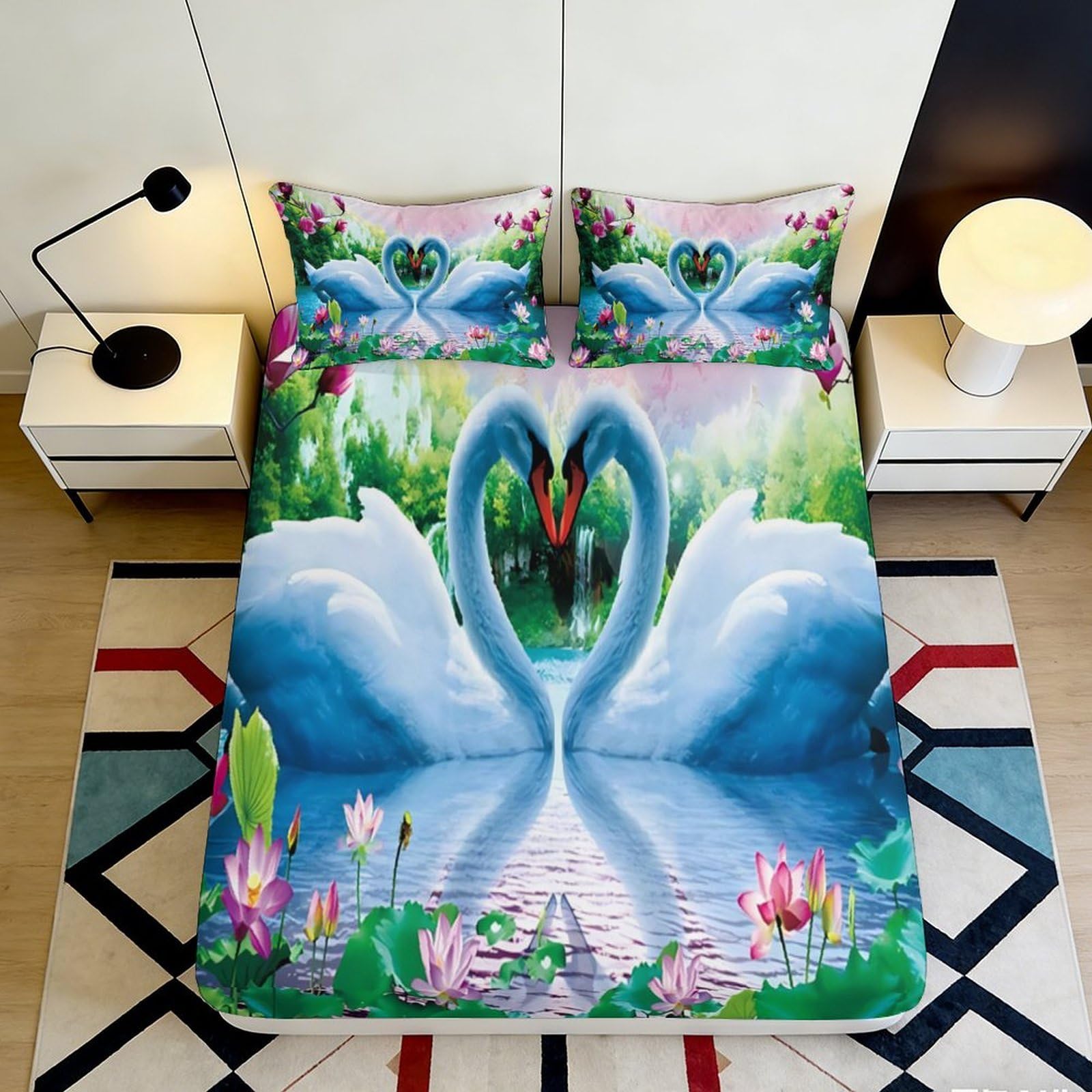 Pnayamiorkfel Style-4 3D Printed Swan Lake Fitted Sheet Microfiber Artistic Watercolor Lotus Bed Cover For Bedroom Dorm Decor 90X200x25cm