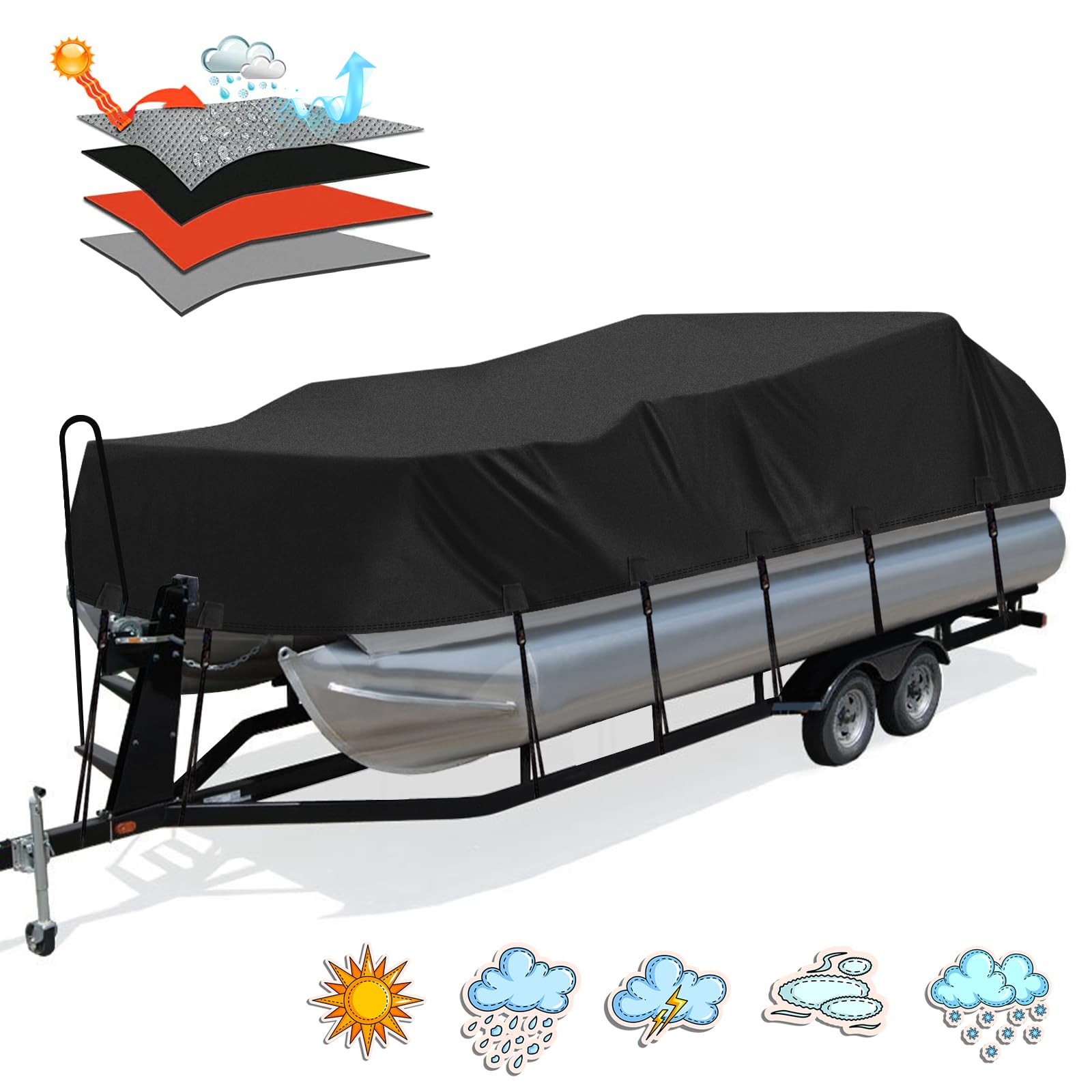 Solim Trailerable 1200D PU Heavy Duty Pontoon Boat Cover, 22-24ft Waterproof Marine Grade Oxford UV Resistant Polyester Canvas Cover, Boat Cover for Pontoon with Adjustable 18 Tie Down Straps, Black